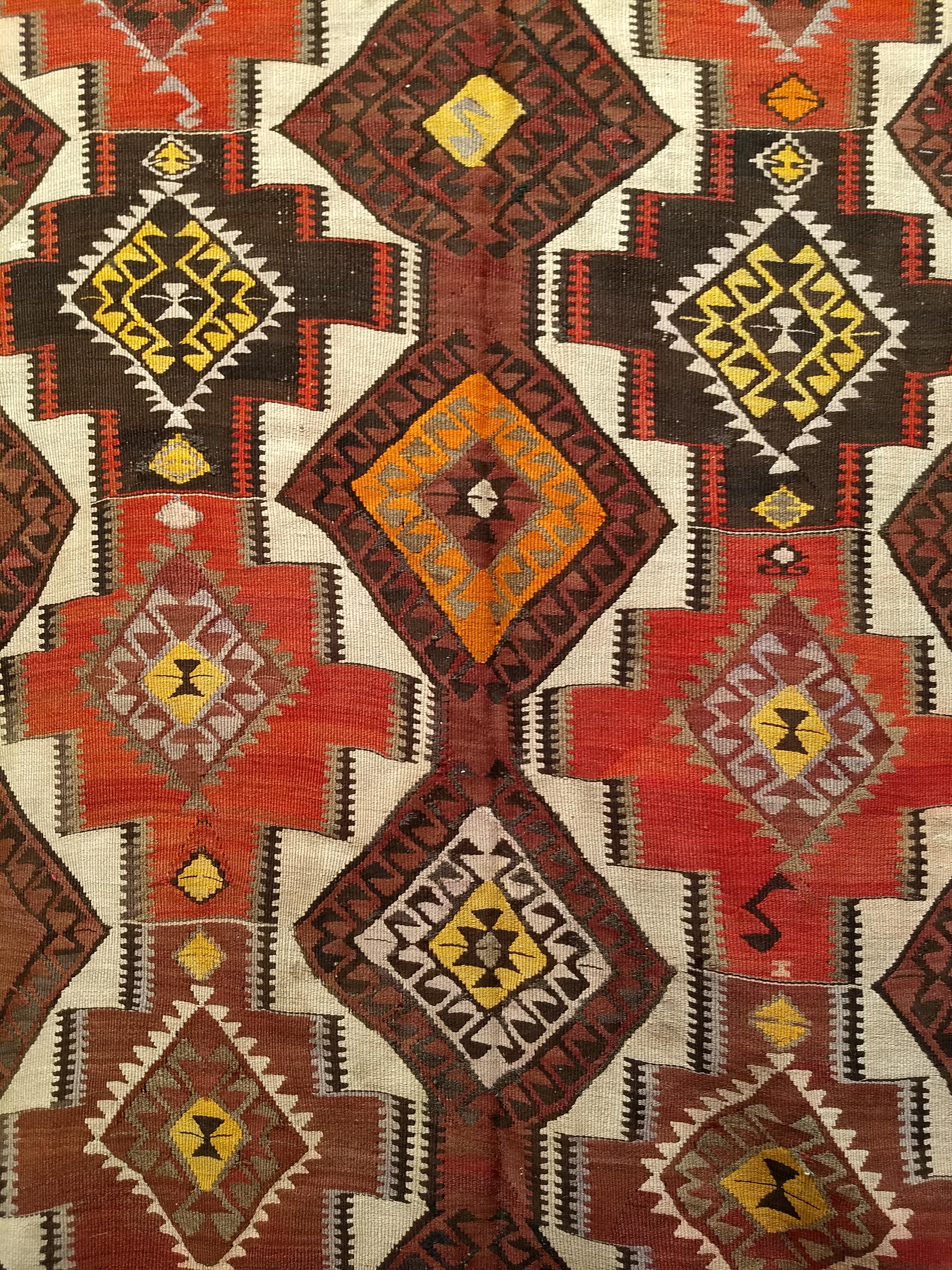 Vintage Kurdish Kilim in Allover Geometric Pattern in Brown, Ivory, Yellow, Red For Sale 2