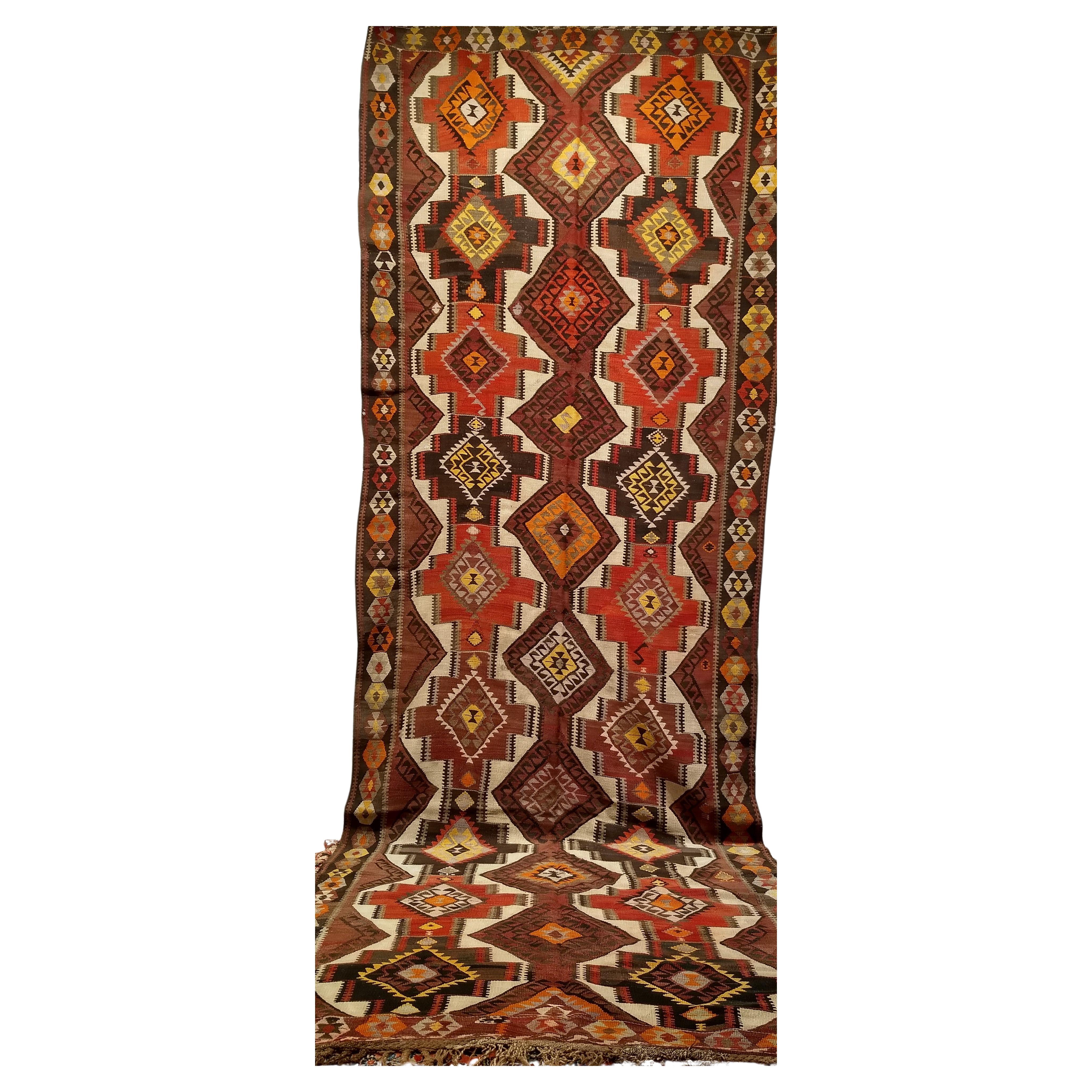 Vintage Kurdish Kilim in Allover Geometric Pattern in Brown, Ivory, Yellow, Red For Sale