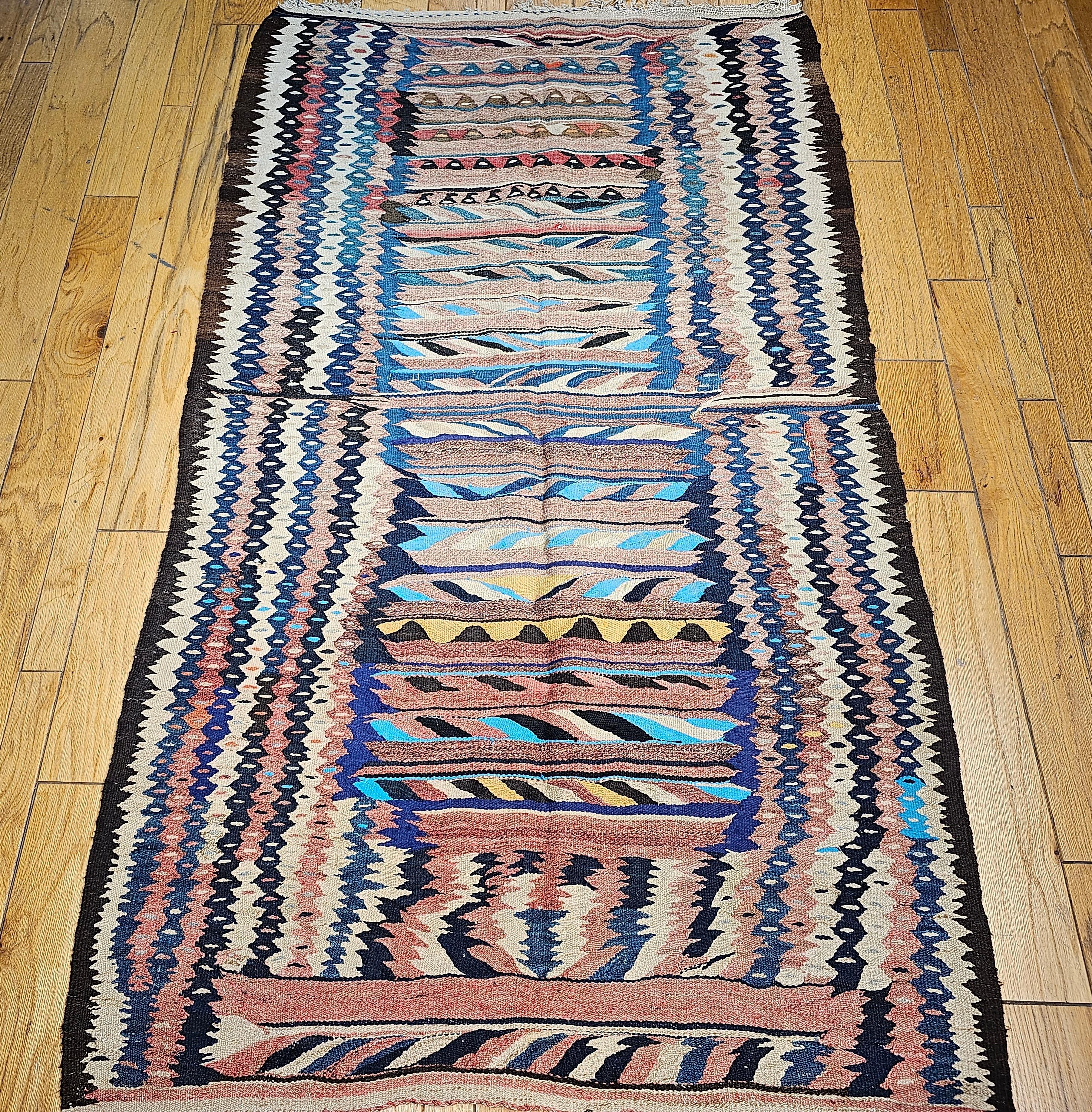 Persian Vintage Kurdish Tapestry Kilim in Turquoise, Aqua, Green, Yellow, Red, Navy For Sale