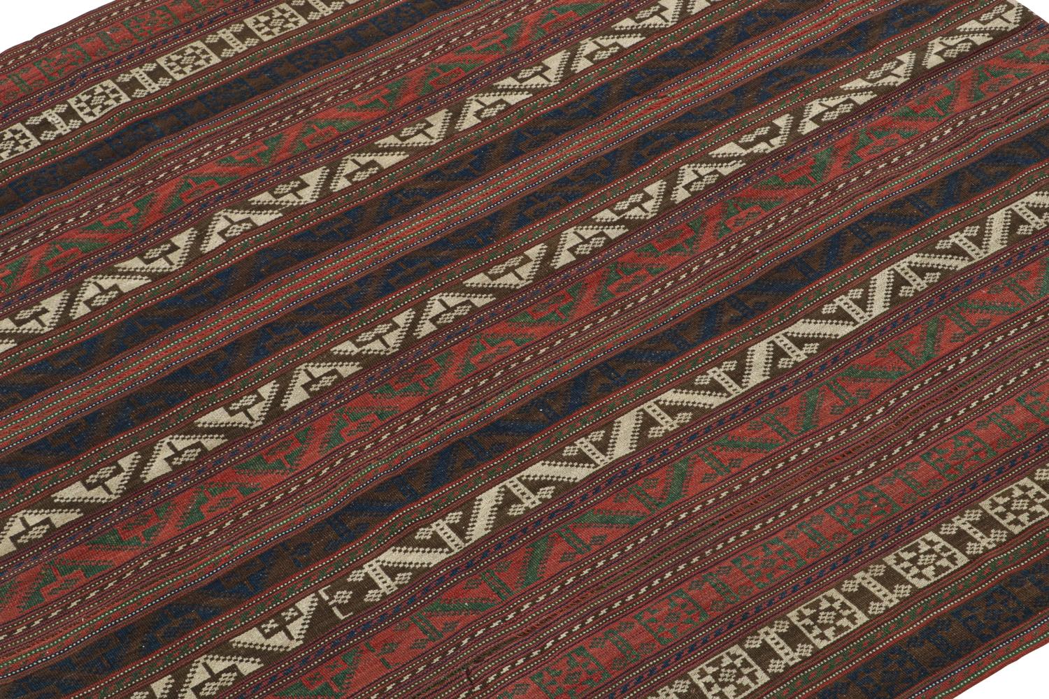 This vintage 6x6 Persian Kilim is a square Jajim flat weave, believed to originate in Kurdistan—handwoven in wool circa 1950-1960.

On The Design: 

The Jajim flat weave technique refers to the practice of combining multiple pieces into one