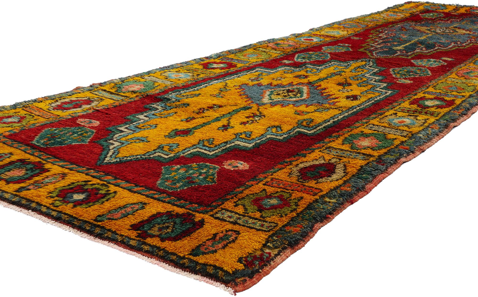 53904 Vintage Tribal Kurdish Rug Runner, 03'09 x 11'04. Handcrafted with precision and dedication by Kurdish Herki tribes in eastern Turkey, notably in the Hakkari province, Kurdish rugs are celebrated for their distinctive geometric patterns and