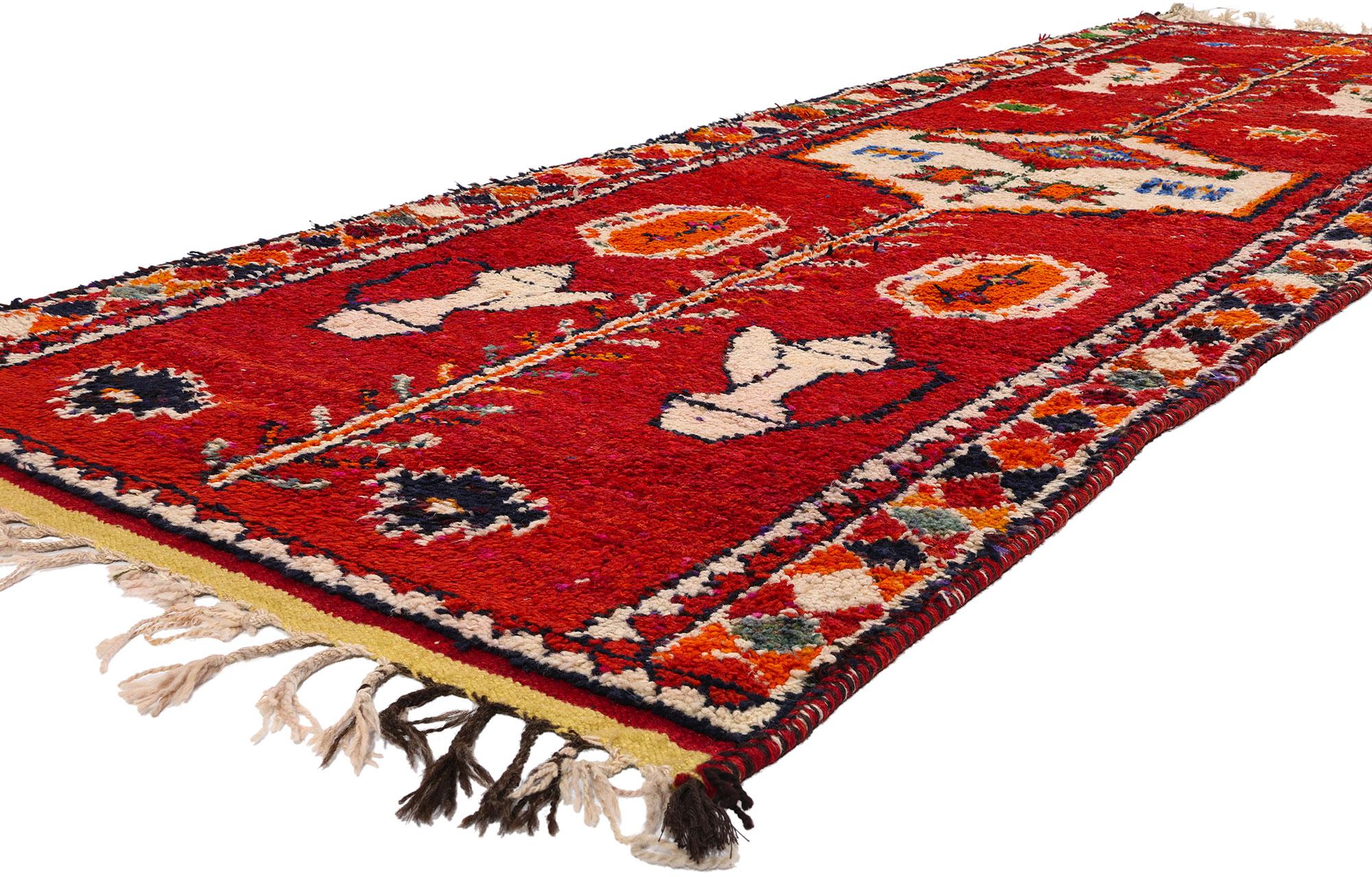 53905 Vintage Red Kurdish Rug Runner, 03'04 x 11'01. Crafted with meticulous precision and unwavering dedication by Kurdish Herki tribes in eastern Turkey, particularly in the Hakkari province, Kurdish rugs are esteemed for their unique geometric
