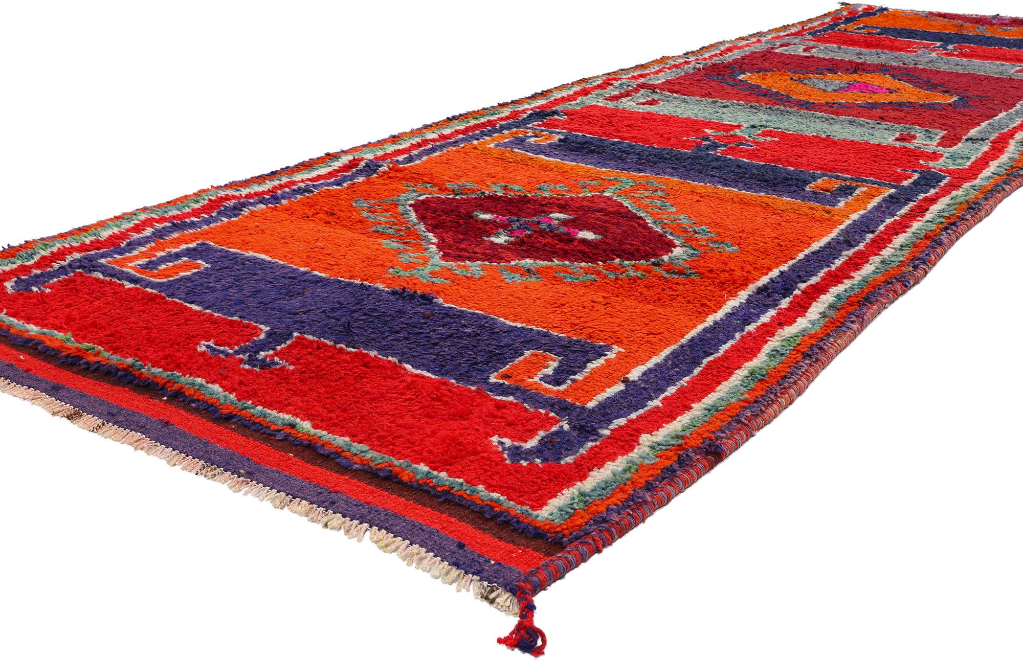 53906 Vintage Orange Kurdish Rug Runner, 03'08 x 12'00. Crafted with meticulous precision and unwavering dedication by Kurdish Herki tribes in eastern Turkey, particularly in the Hakkari province, Kurdish rugs are celebrated for their unparalleled