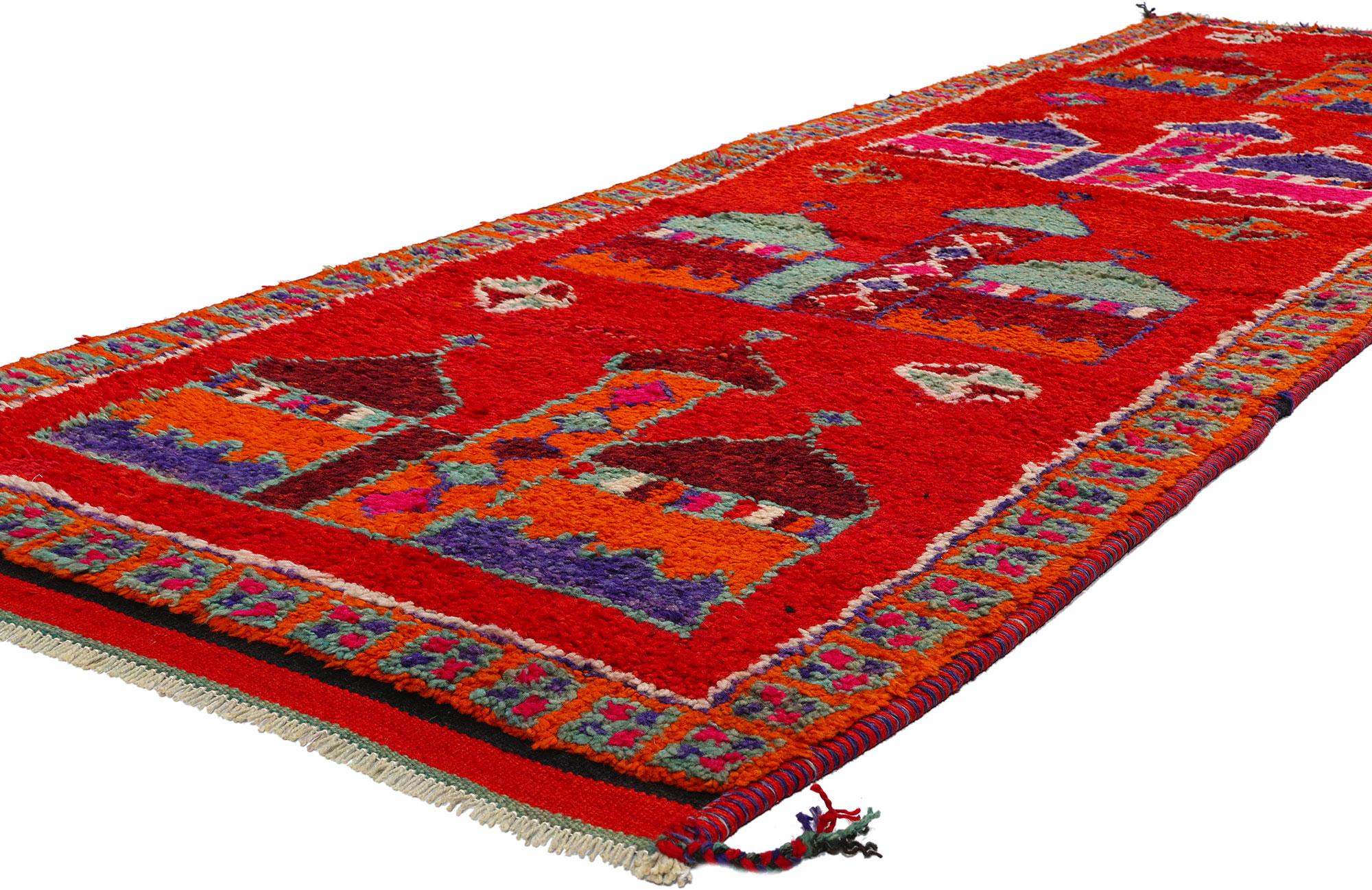 53908 Vintage Red Kurdish Mosque Pictorial Rug, 03'05 x 10'09. Crafted with meticulous precision and unwavering dedication by Kurdish Herki tribes in eastern Turkey, particularly in the Hakkari province, Kurdish rugs are renowned for their unmatched