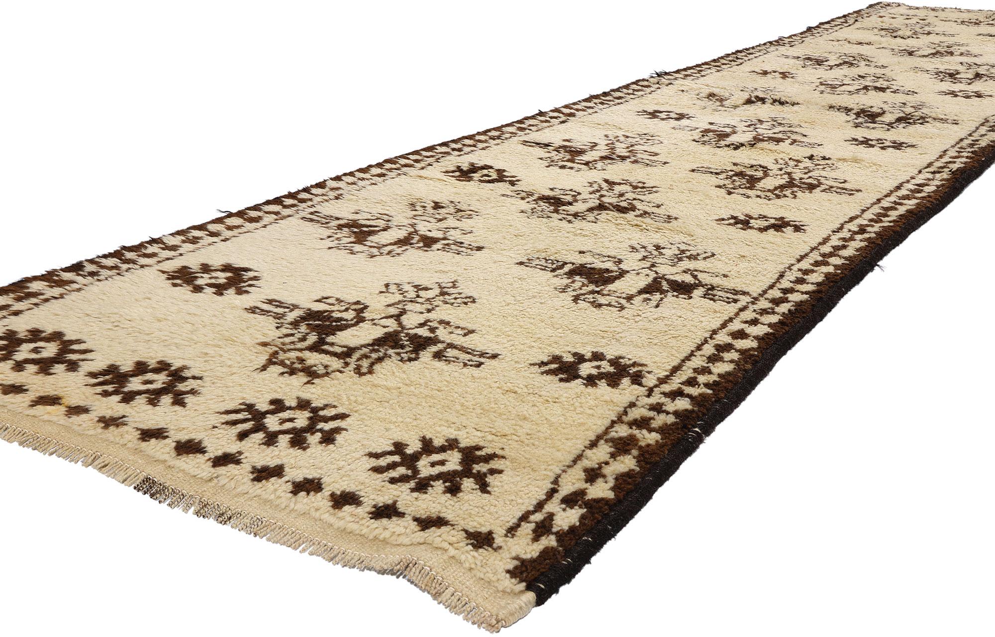 53885 Neutral Vintage Kurdish Rug Runner, 03'04 x 14'06. Kurdish rugs, woven by Kurdish Herki tribes in eastern Turkey, particularly in the Hakkari province, are characterized by geometric motifs and vibrant colors. Handwoven with high-quality wool,