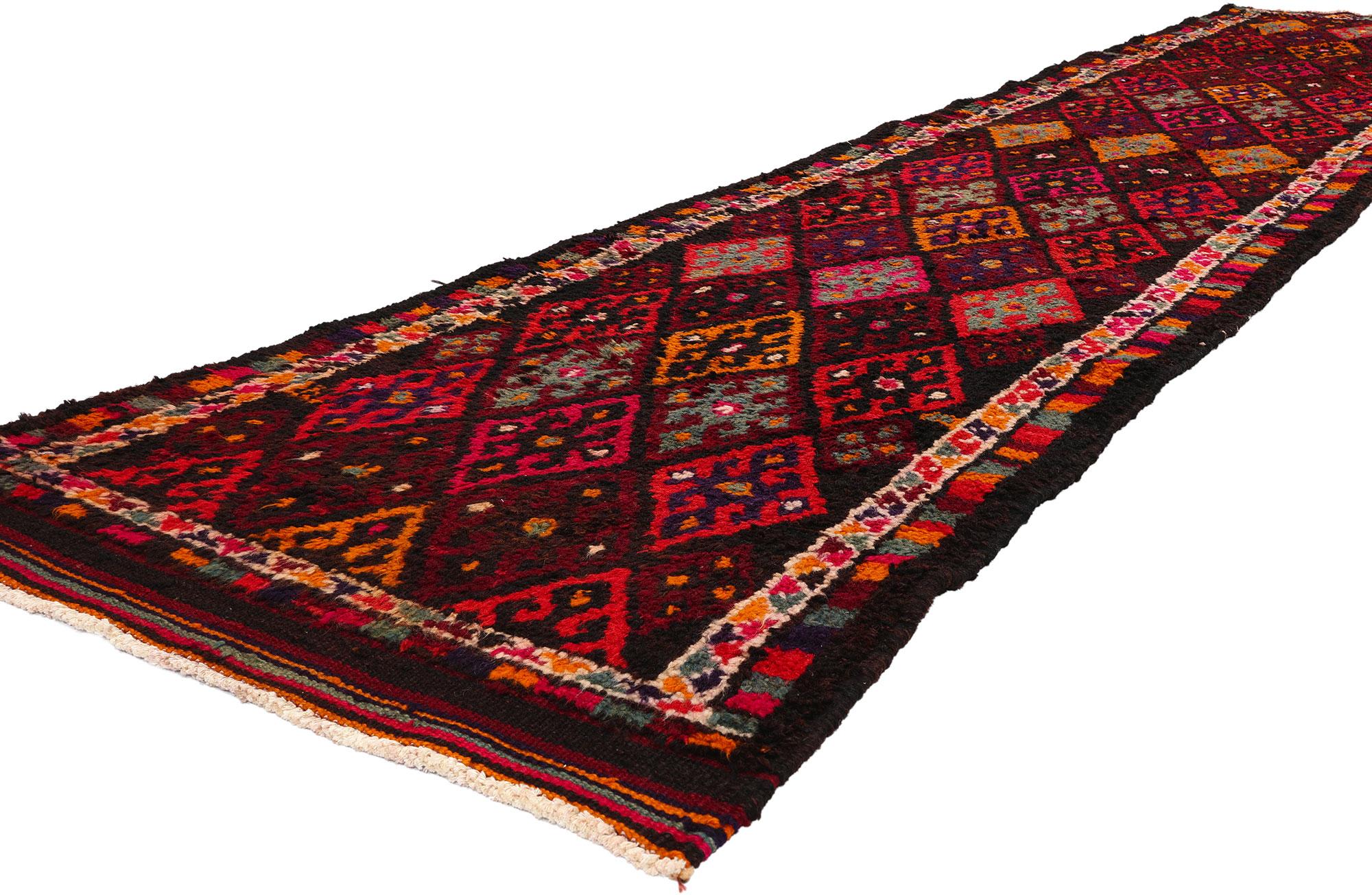 53891 Vintage Kurdish Tribal Rug Runner, 02'10 x 13'00. Handcrafted by Kurdish Herki tribes primarily in eastern Turkey's Hakkari province, Kurdish rugs stand out for their vibrant colors and intricate geometric patterns. Meticulously woven using