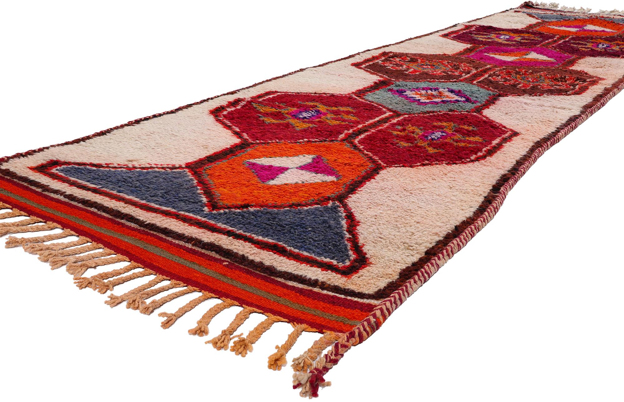 53894 Vintage Kurdish Tribal Rug Runner, 03'05 x 12'00. Kurdish rugs, meticulously fashioned by Kurdish Herki tribes in eastern Turkey, particularly in the Hakkari province, showcase unique geometric patterns and a vibrant palette of colors. Crafted