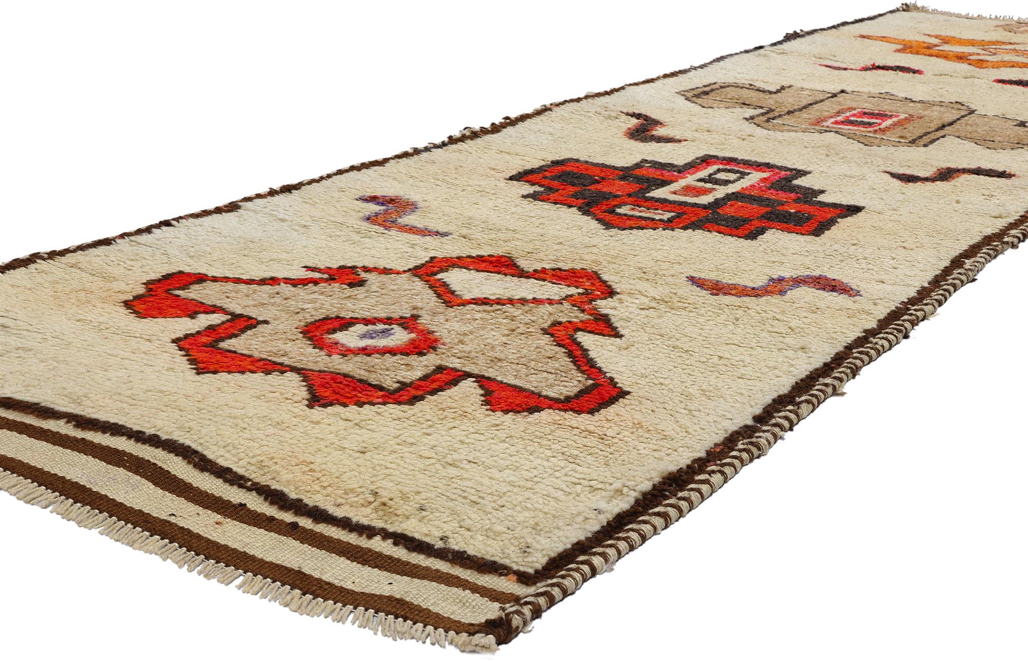 53902 Vintage Tribal Kurdish Rug Runner, 02'11 x 10'06. Crafted with meticulous care by Kurdish Herki tribes in eastern Turkey, particularly in the Hakkari province, Kurdish rugs are renowned for their unique geometric patterns and vibrant color