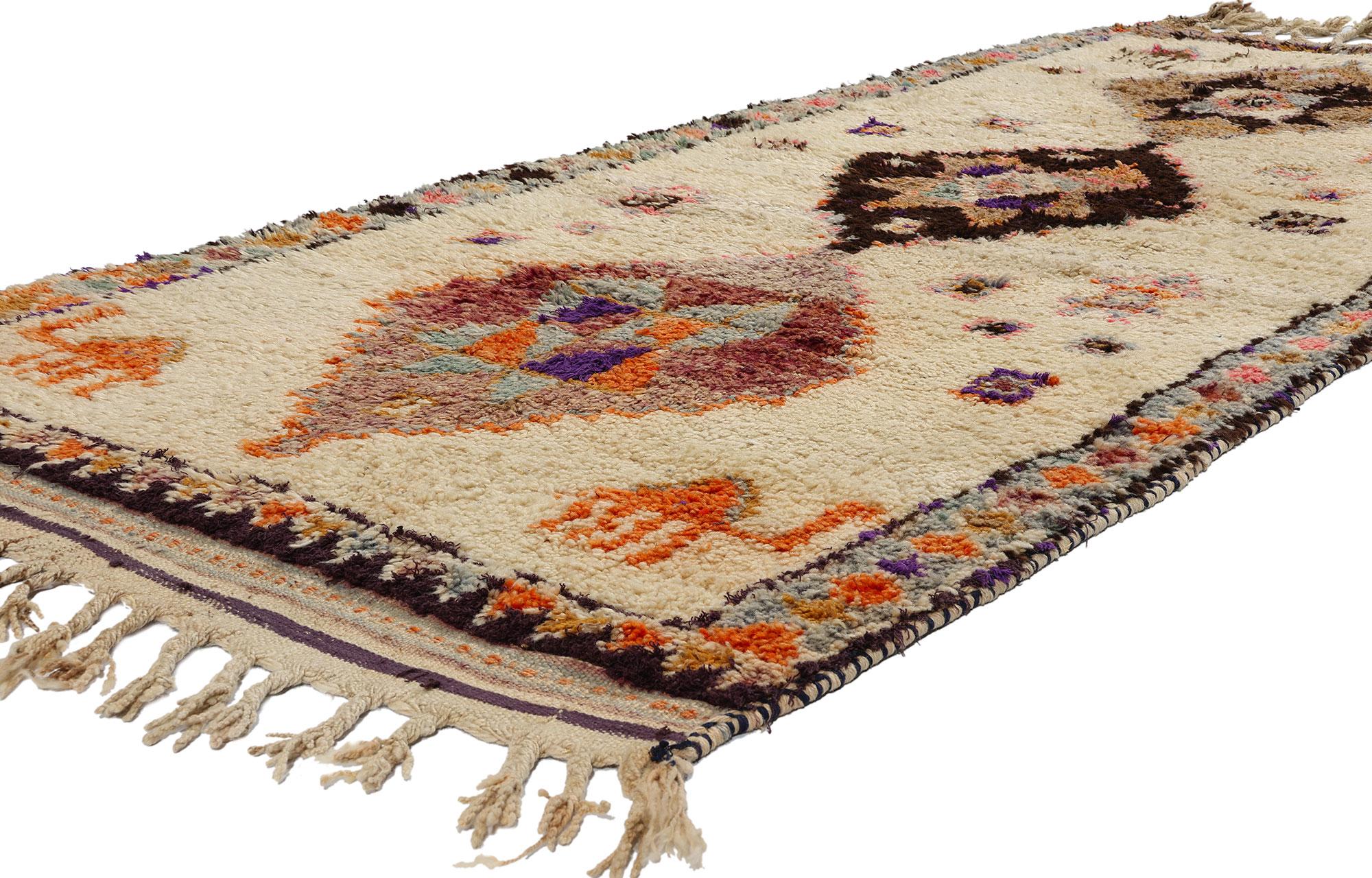 53903 Vintage Tribal Kurdish Rug Runner, 03'10 x 10'00. Handcrafted with precision by Kurdish Herki tribes in eastern Turkey, notably in the Hakkari province, Kurdish rugs stand out for their distinctive geometric patterns and lively color schemes.
