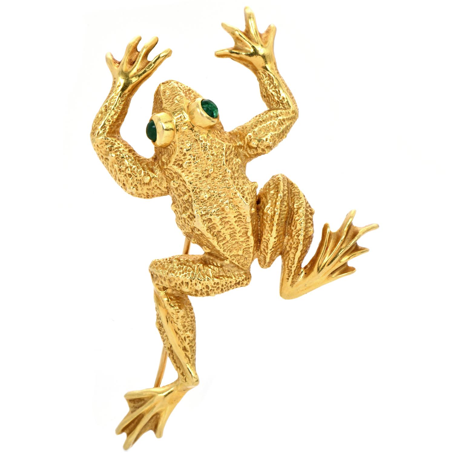 This frog-inspired brooch is from the Famous American designer Kurt Wyne is for nature lovers.

A vintage piece from 1969, crafted in solid 18K Yellow gold with a textured finish.

The eyes are made by (2) genuine cabochon round-cut, bezel-set,