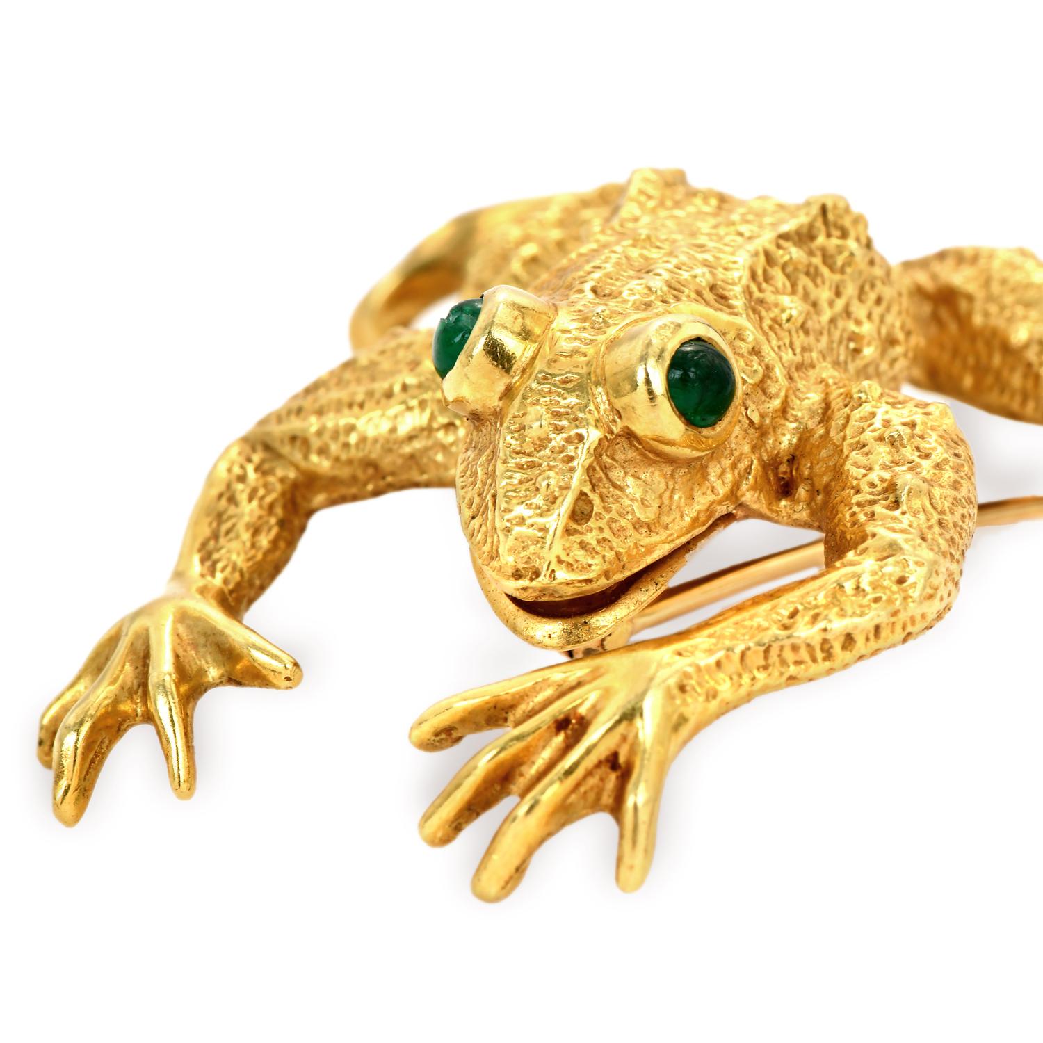 Emerald Cut Vintage Kurt Wayne Emerald 18karat Yellow Gold Frog Brooch Pin For Sale