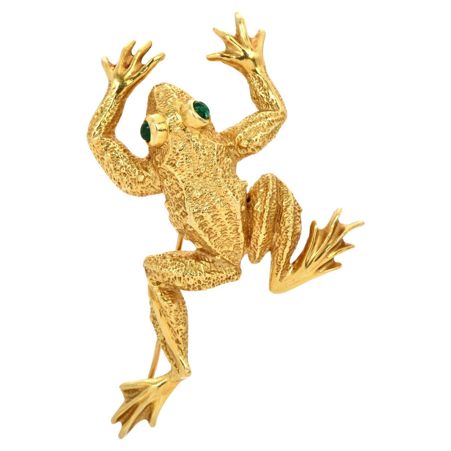 Vintage Kurt Wayne Emerald 18karat Yellow Gold Frog Brooch Pin For Sale