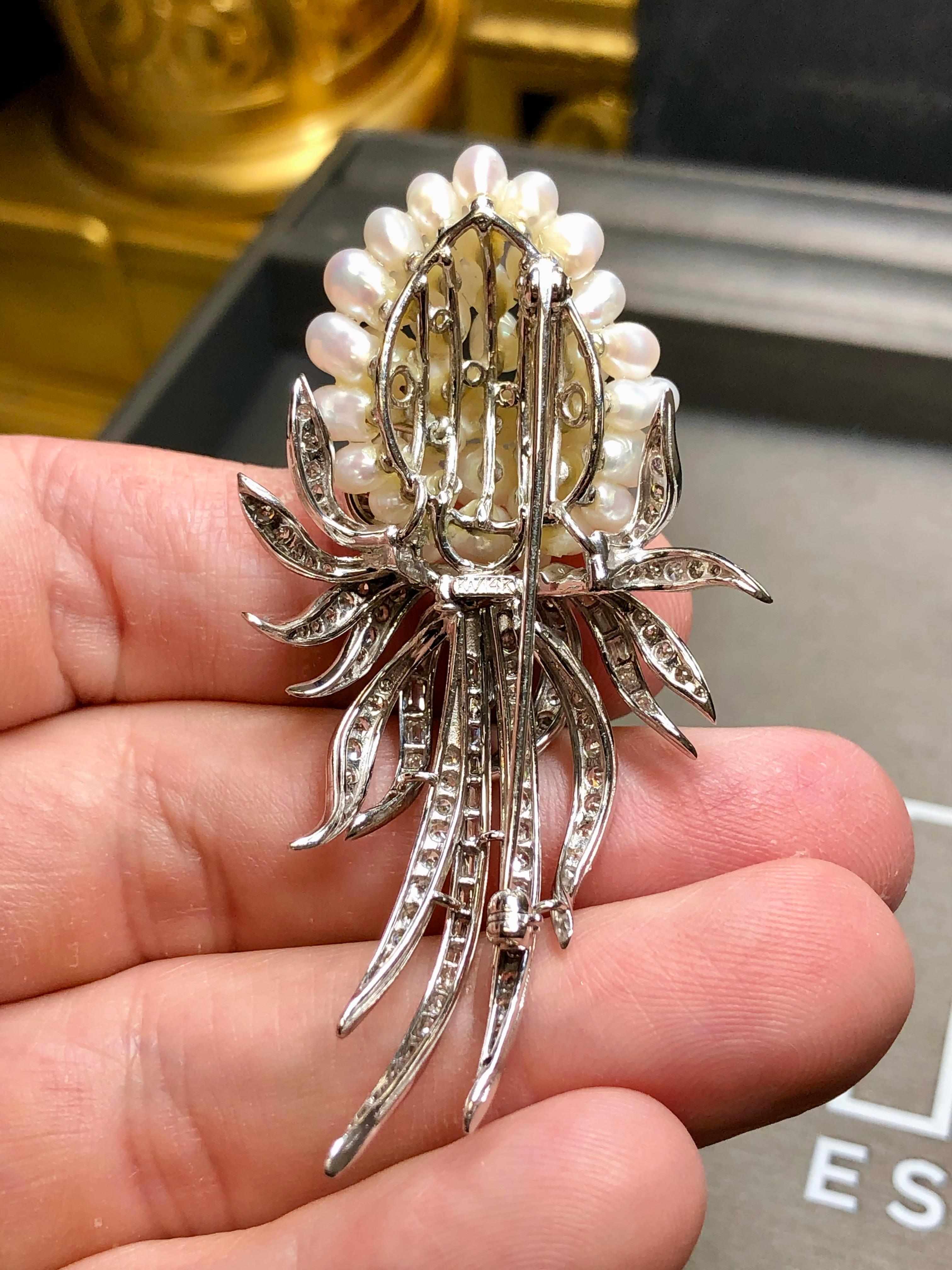Vintage KURT WAYNE Pearl Baguette Round Diamond Vine Ribbon Brooch 2cttw For Sale 4