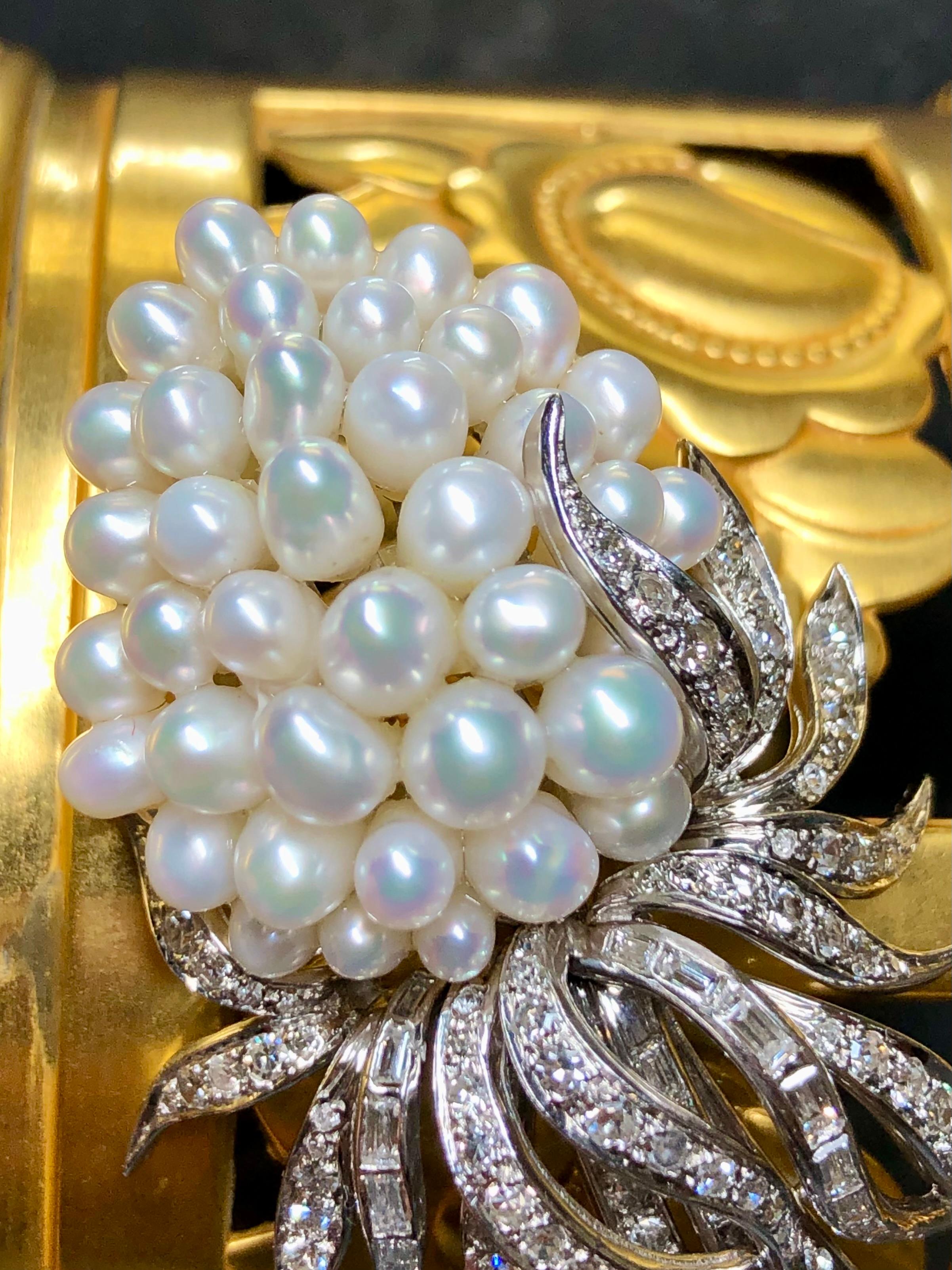 Contemporary Vintage KURT WAYNE Pearl Baguette Round Diamond Vine Ribbon Brooch 2cttw For Sale