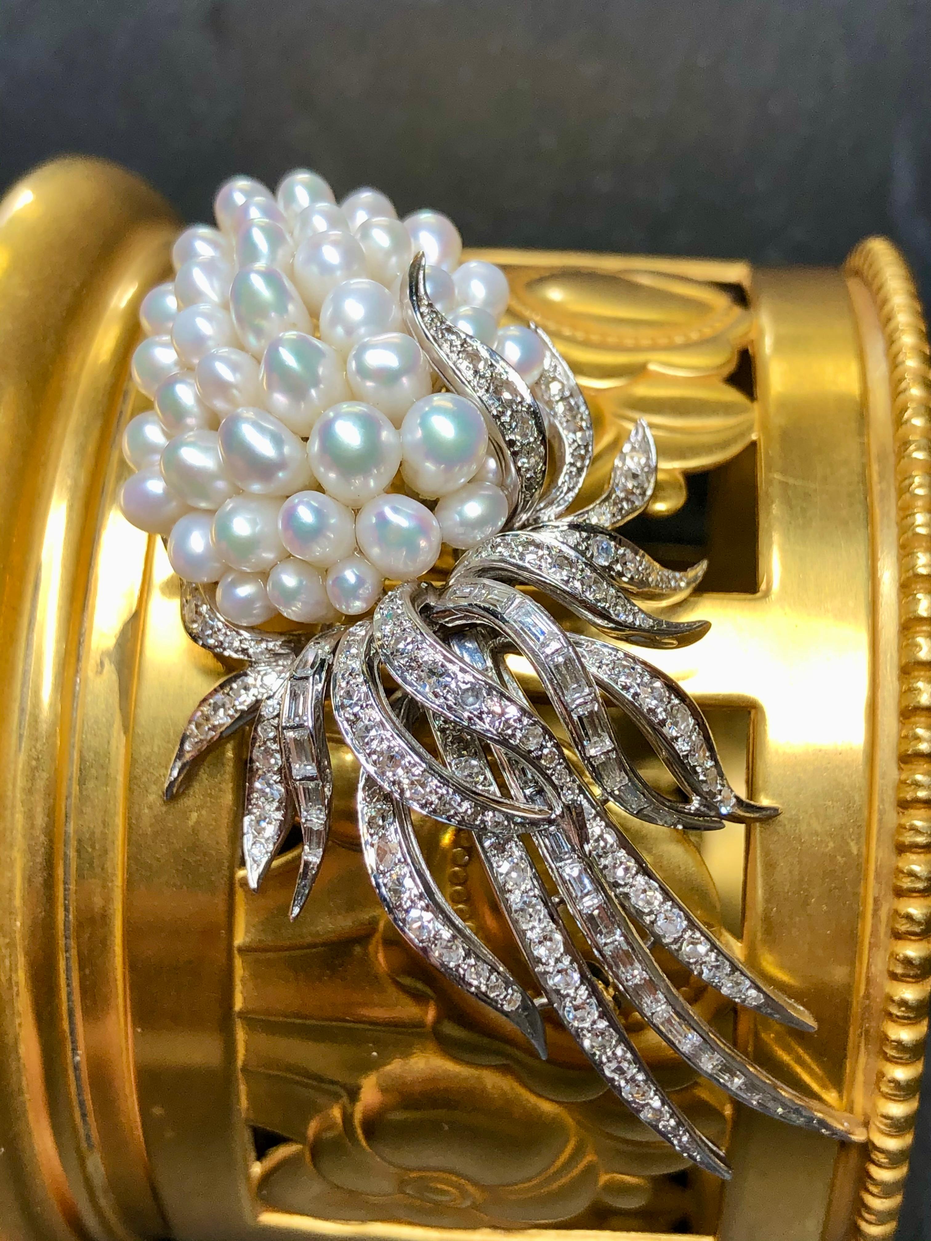 Baguette Cut Vintage KURT WAYNE Pearl Baguette Round Diamond Vine Ribbon Brooch 2cttw For Sale
