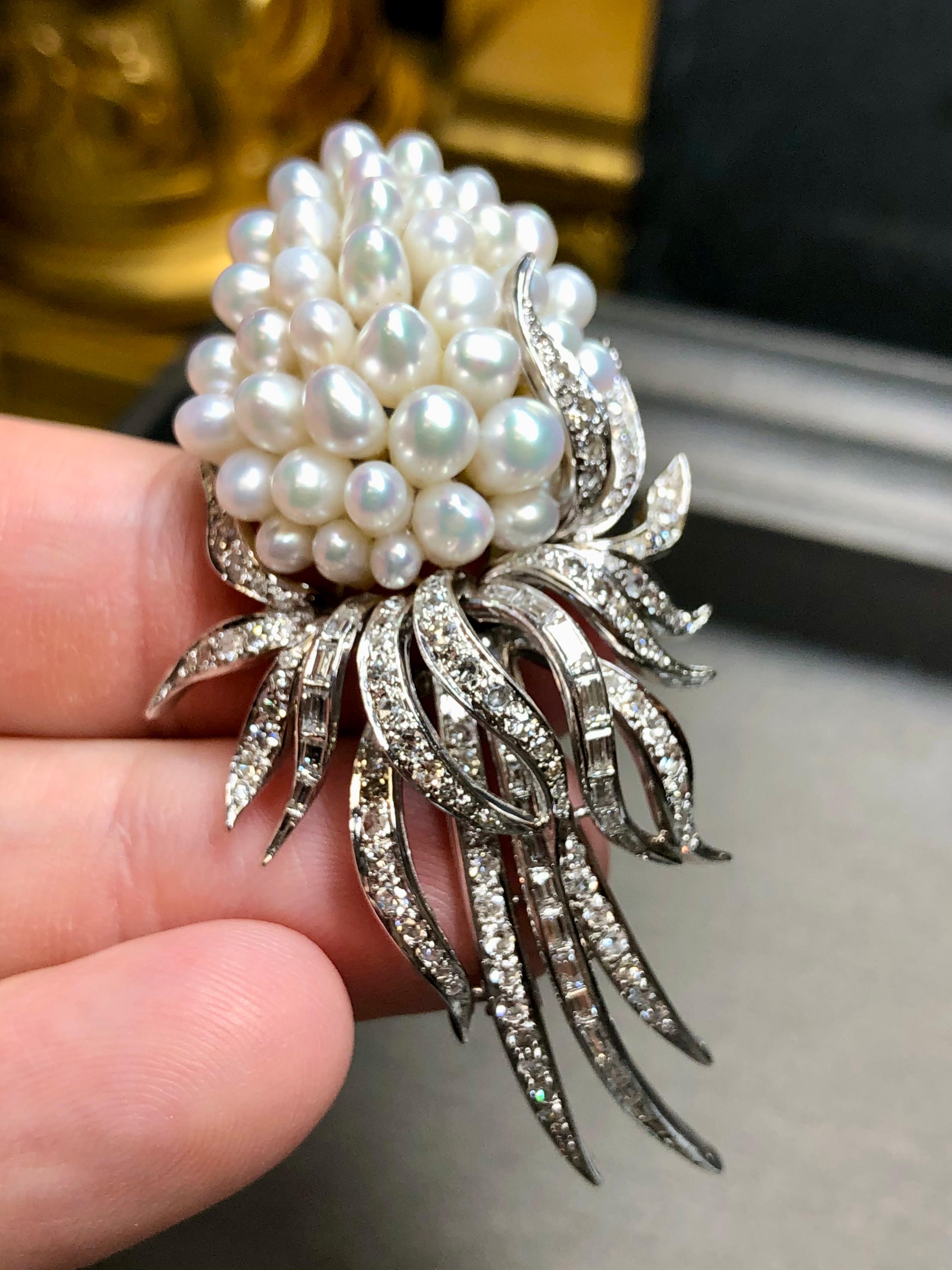 Women's or Men's Vintage KURT WAYNE Pearl Baguette Round Diamond Vine Ribbon Brooch 2cttw For Sale