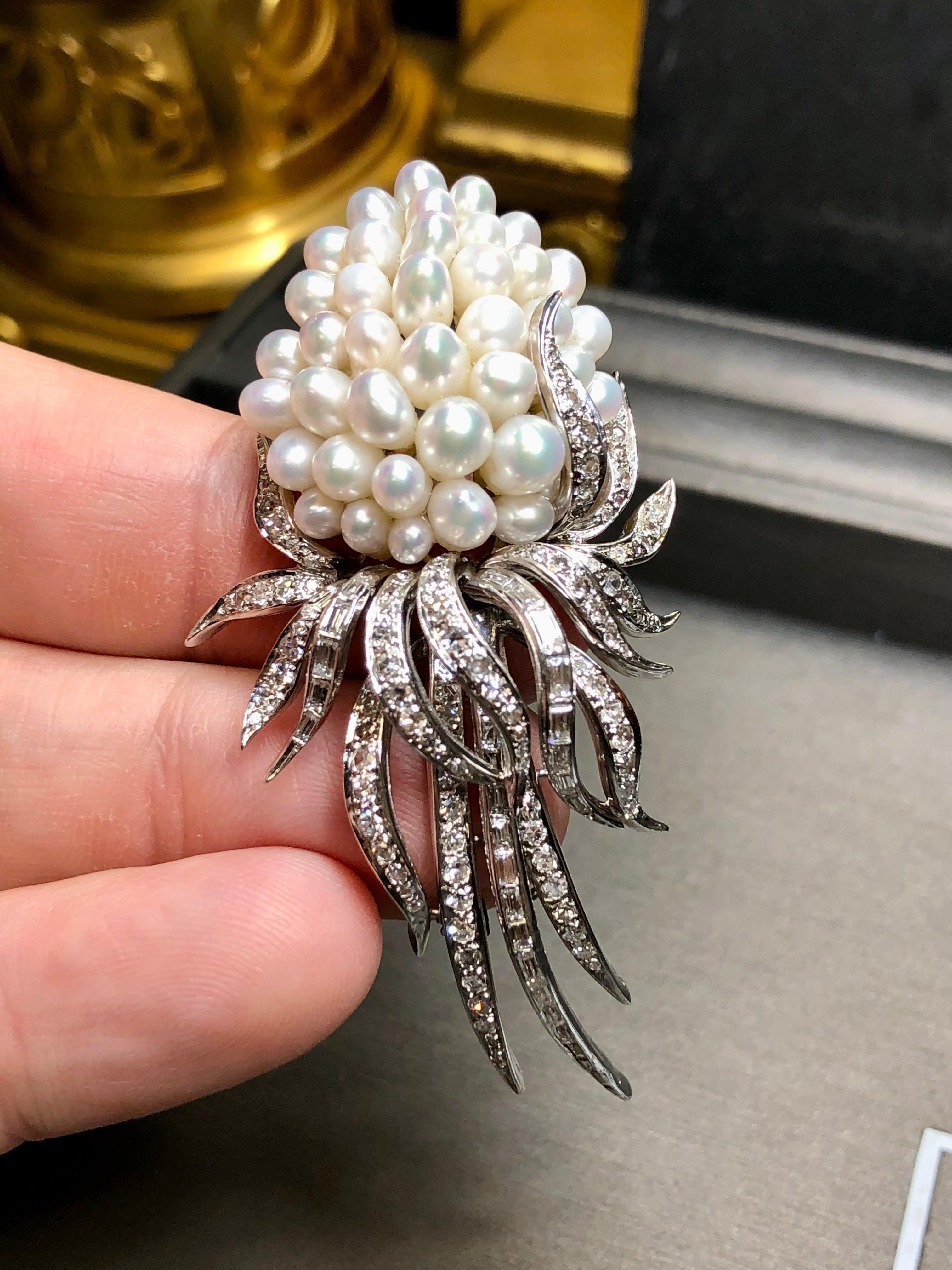 Vintage KURT WAYNE Pearl Baguette Round Diamond Vine Ribbon Brooch 2cttw For Sale 1