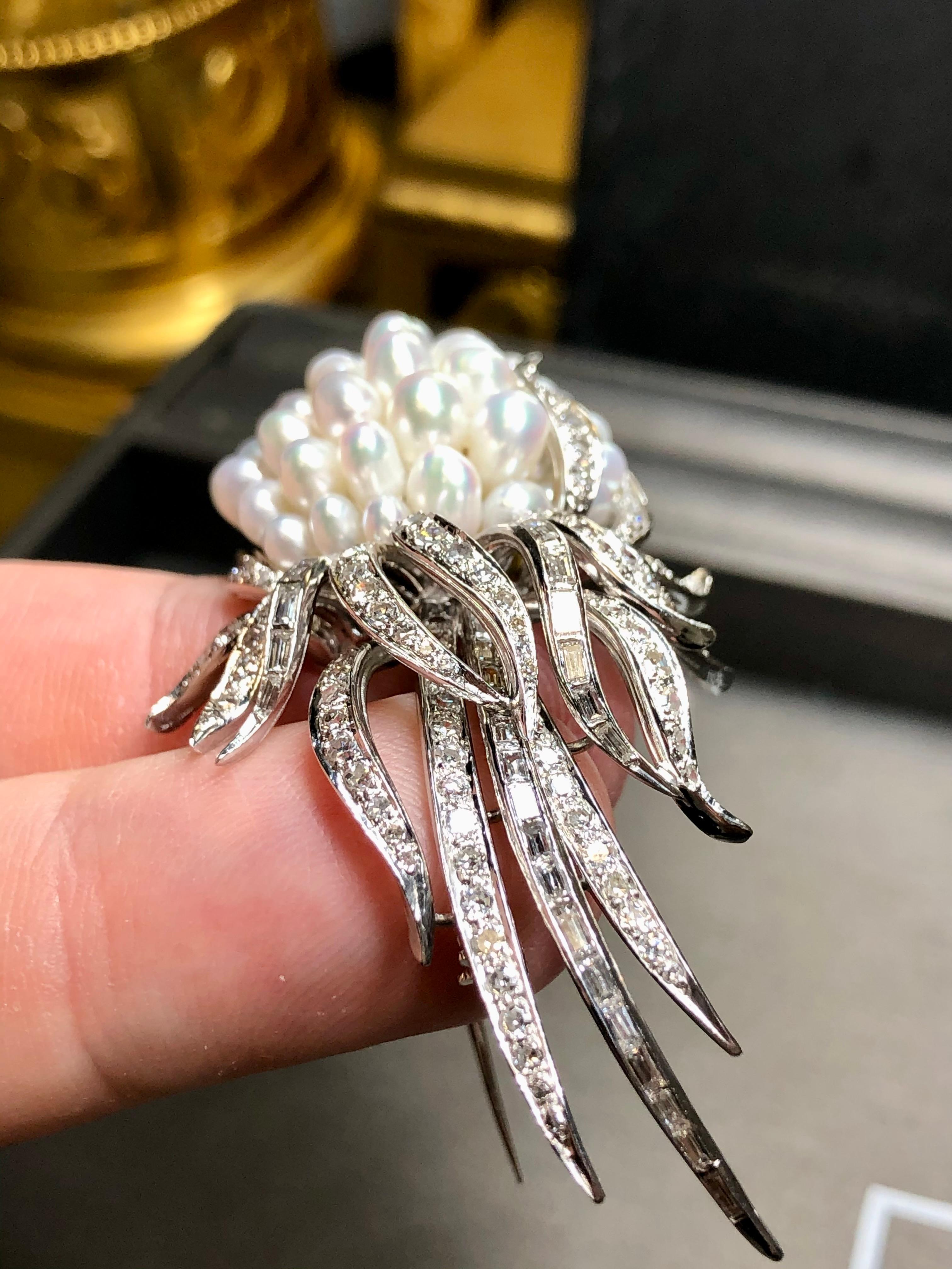 Vintage KURT WAYNE Pearl Baguette Round Diamond Vine Ribbon Brooch 2cttw For Sale 2