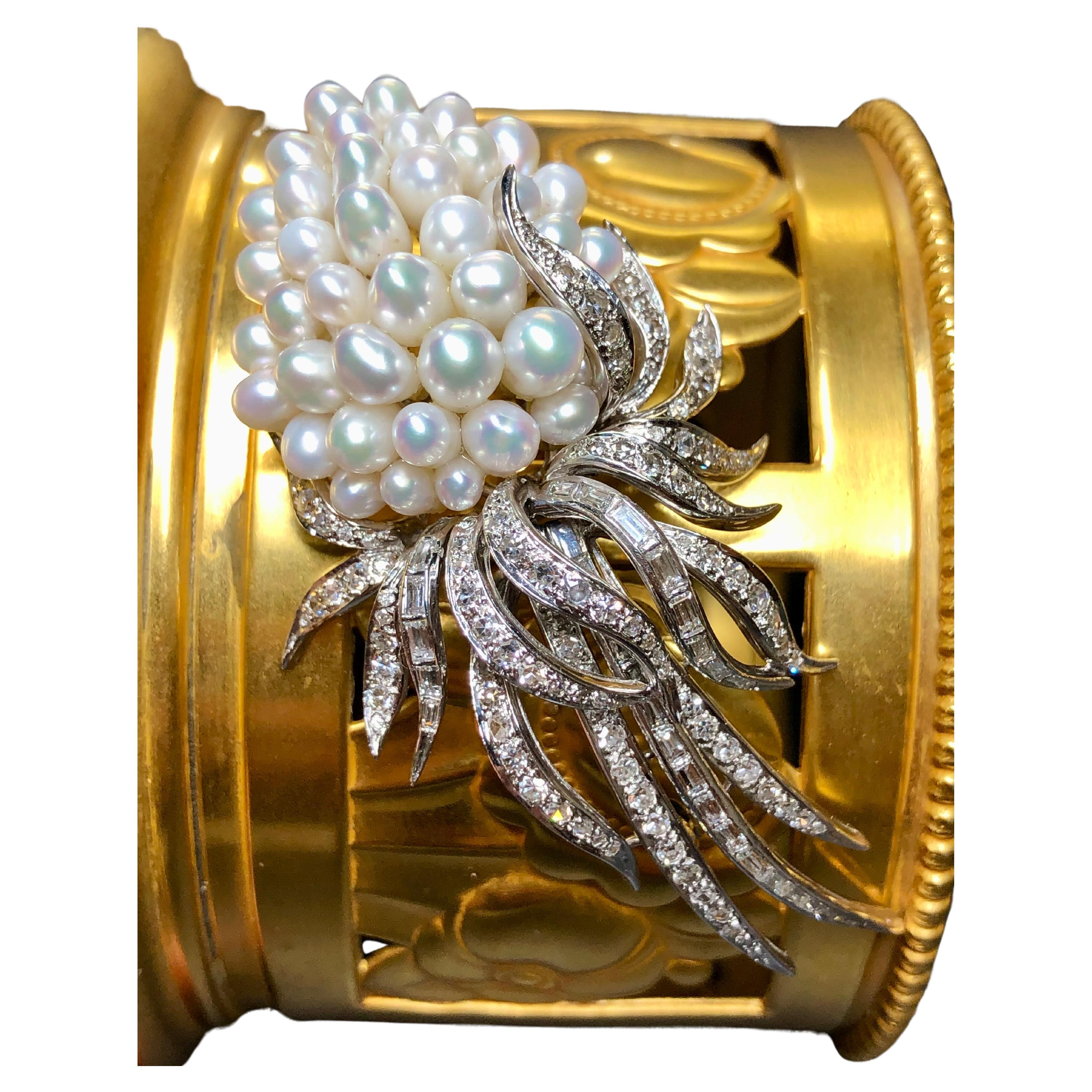 Vintage KURT WAYNE Pearl Baguette Round Diamond Vine Ribbon Brooch 2cttw