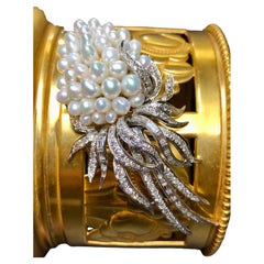 Vintage KURT WAYNE Pearl Baguette Round Diamond Vine Ribbon Brooch 2cttw