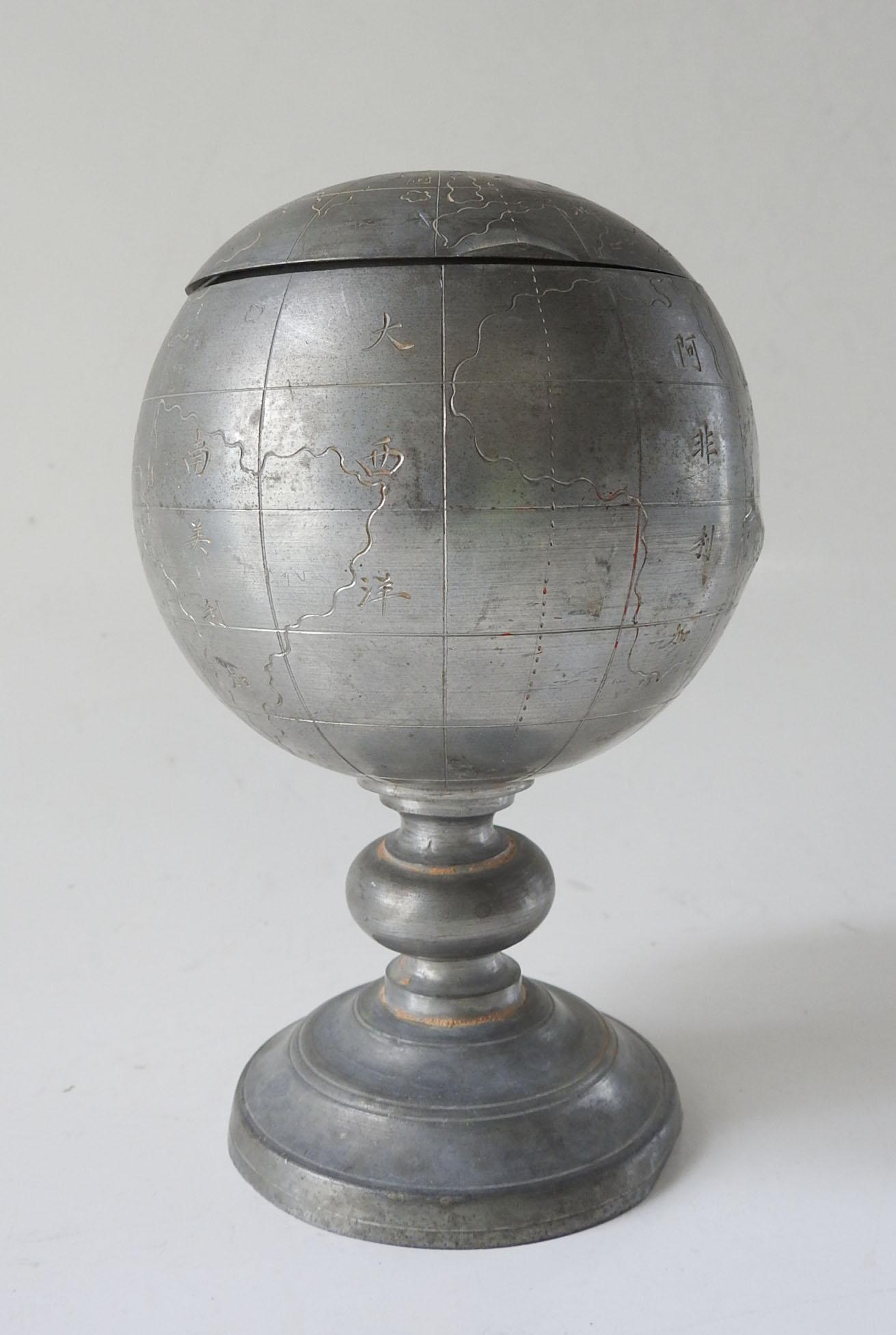 Art Deco Vintage Kut Hing Swatow Pewter Globe Tea Caddy For Sale