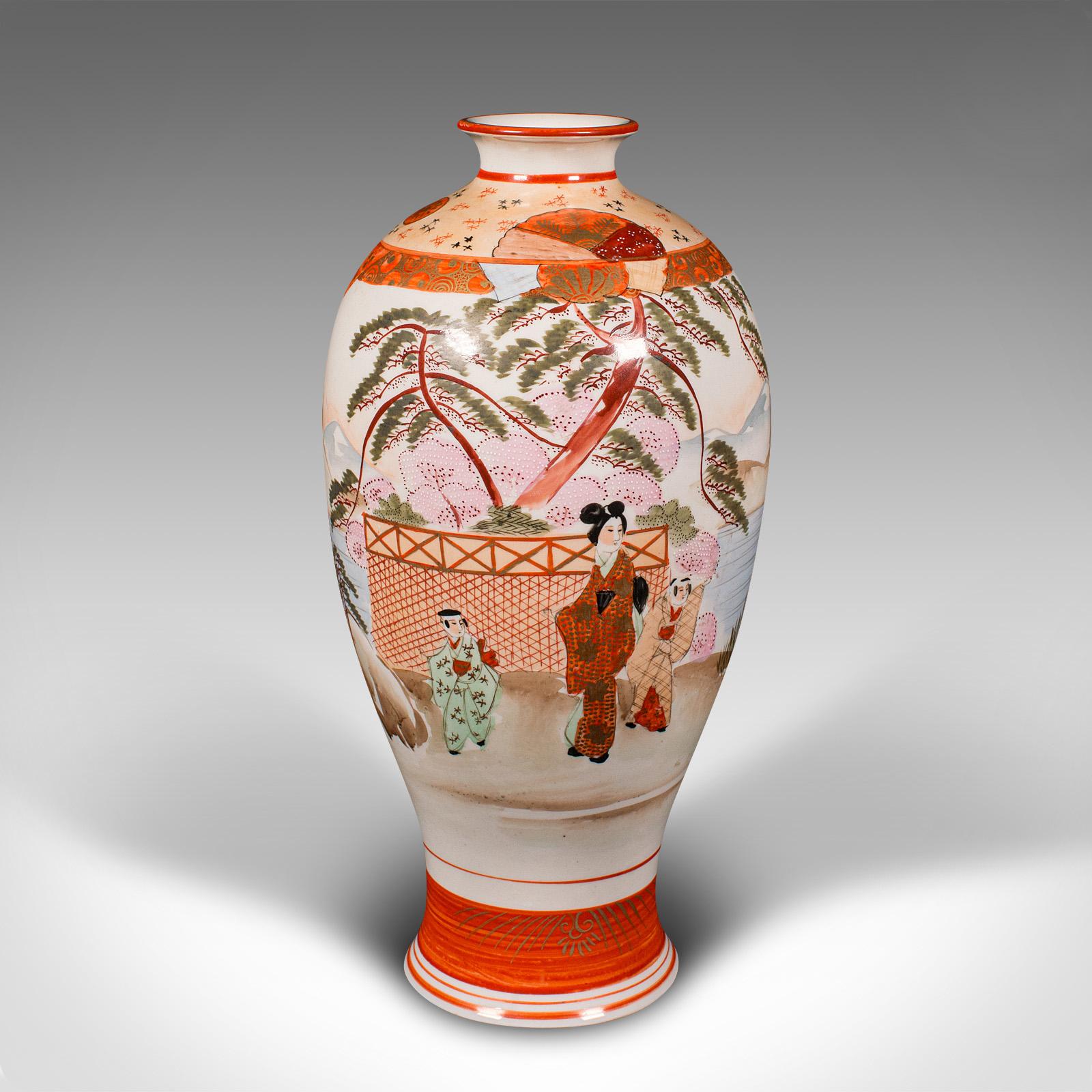 This is a vintage Kutani vase. A Japanese, ceramic baluster flower urn, dating to the Art Deco period, circa 1930.

Eye-catching example of traditional Kutani ware - Japanese for 'Nine Valleys'
Displays a desirable aged patina and in good original