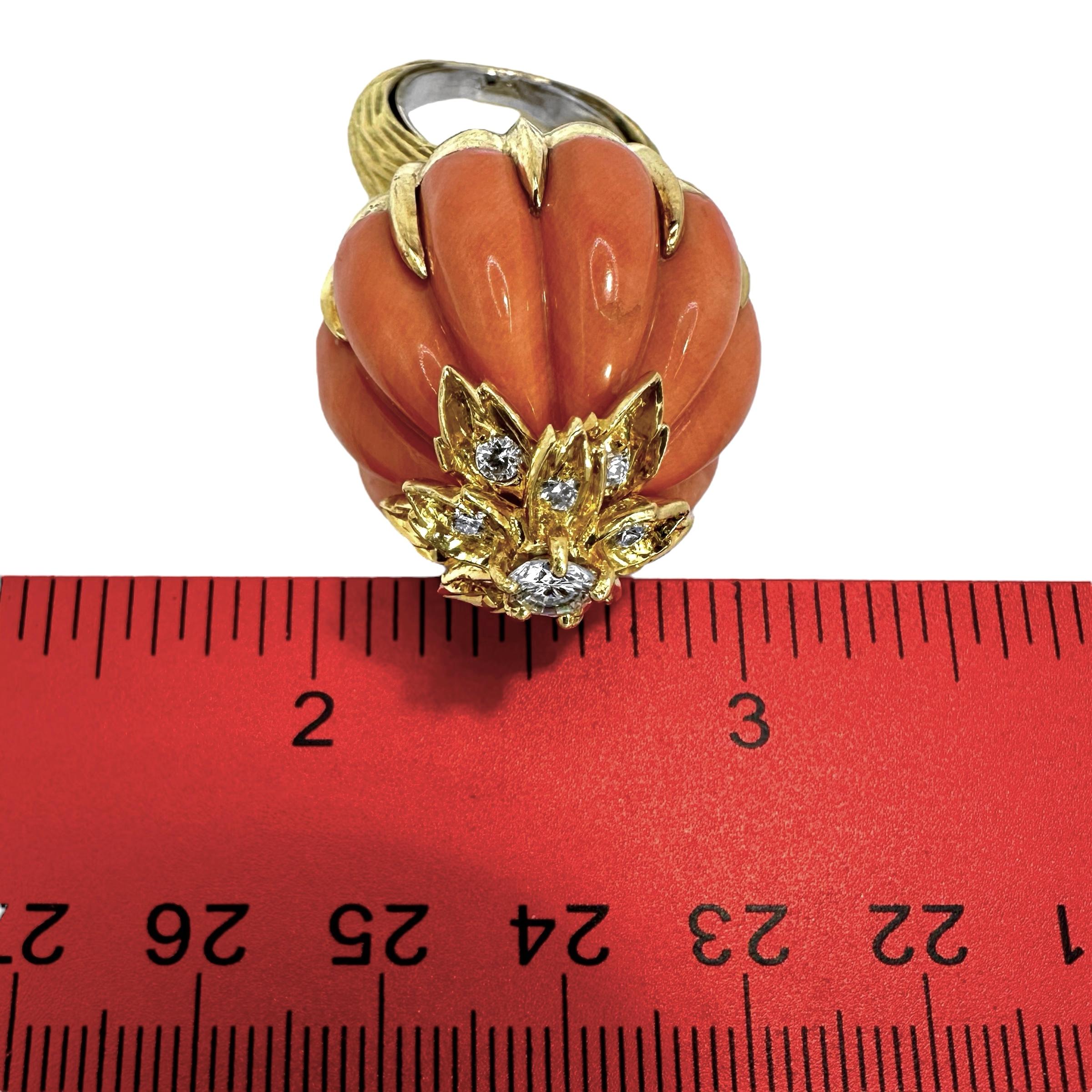 Vintage Kutchinsky 18K Gelbgold, Koralle und Diamant, extrem hoher Dome Ring 4