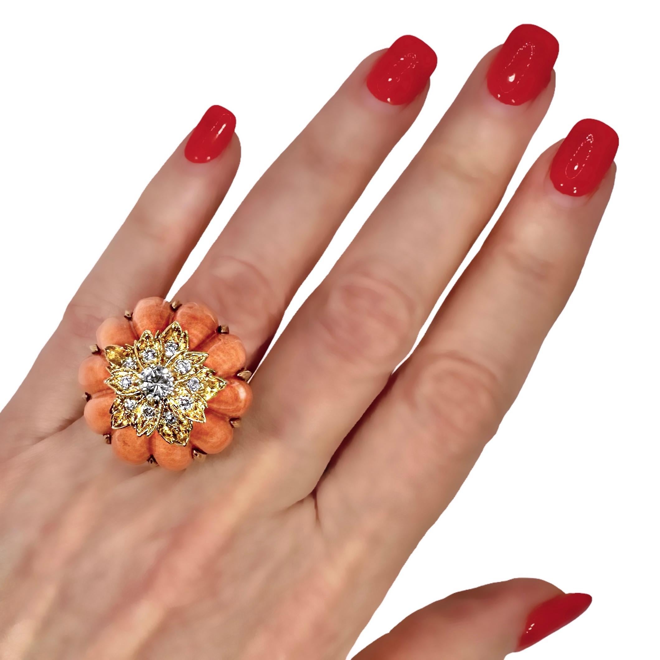 Vintage Kutchinsky 18K Gelbgold, Koralle und Diamant, extrem hoher Dome Ring 7
