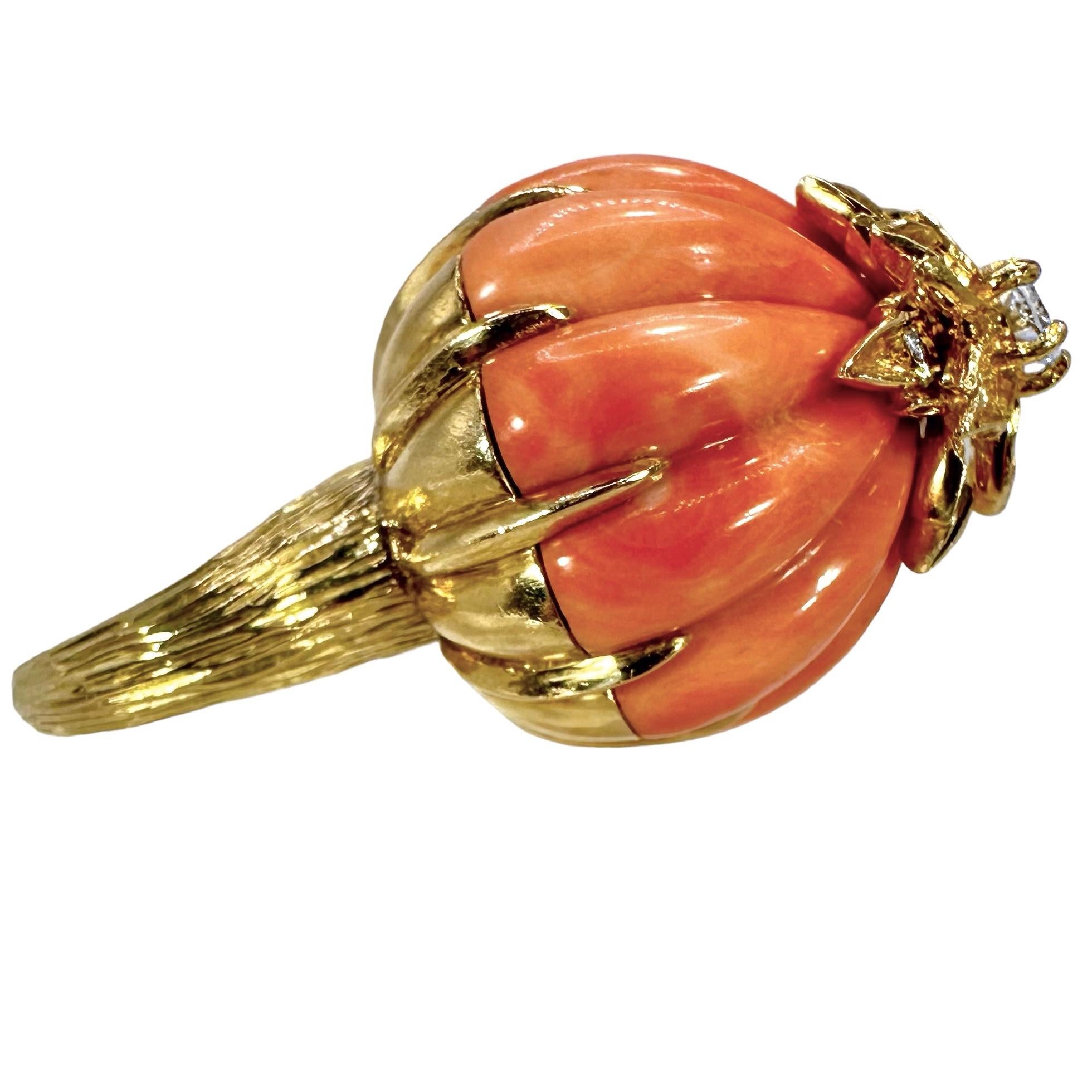 Vintage Kutchinsky 18K Gelbgold, Koralle und Diamant, extrem hoher Dome Ring 1