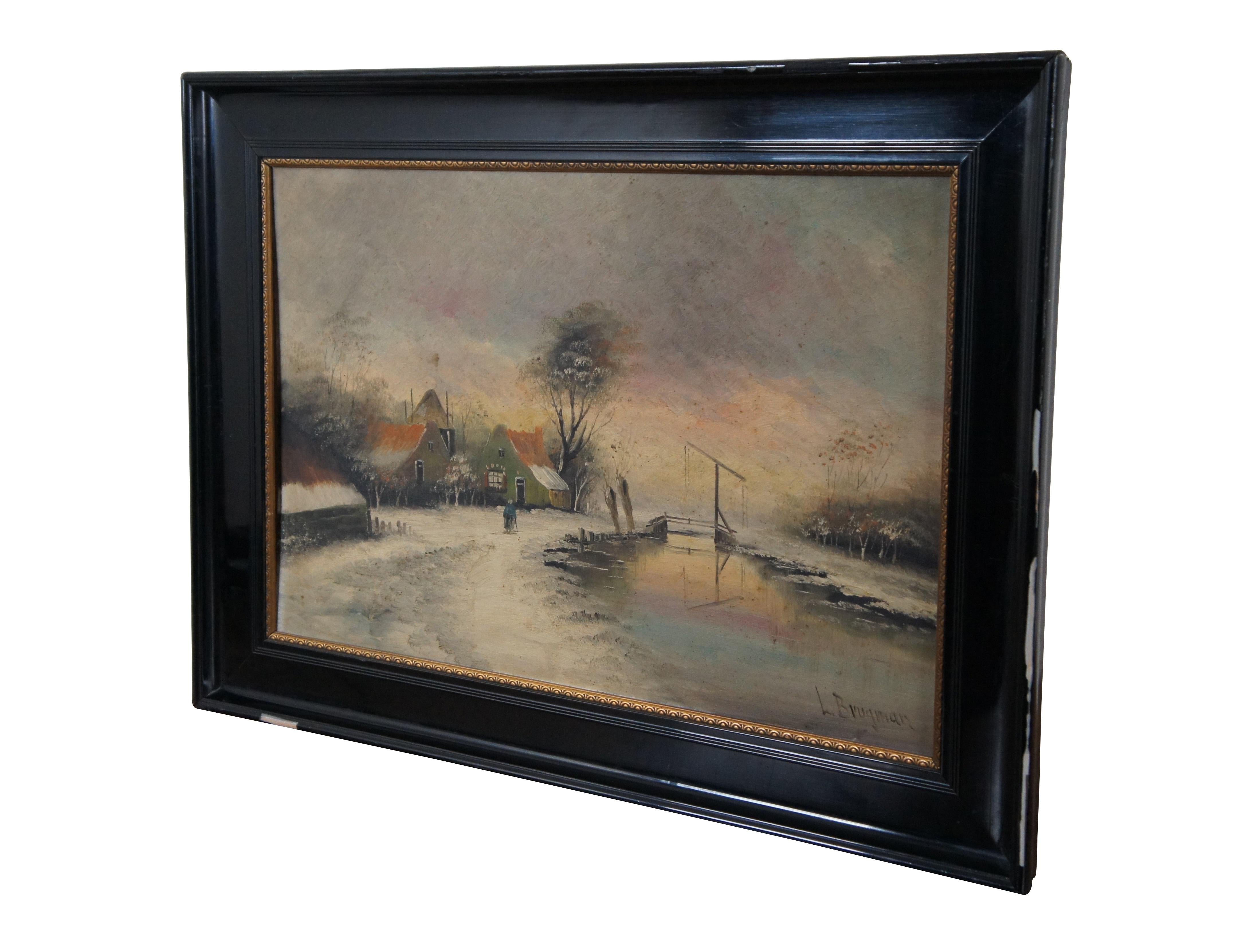 Vintage L Brugman oil painting on board featuring a snowy river landscape theme with a figure walking home.

Dimensions:.
29