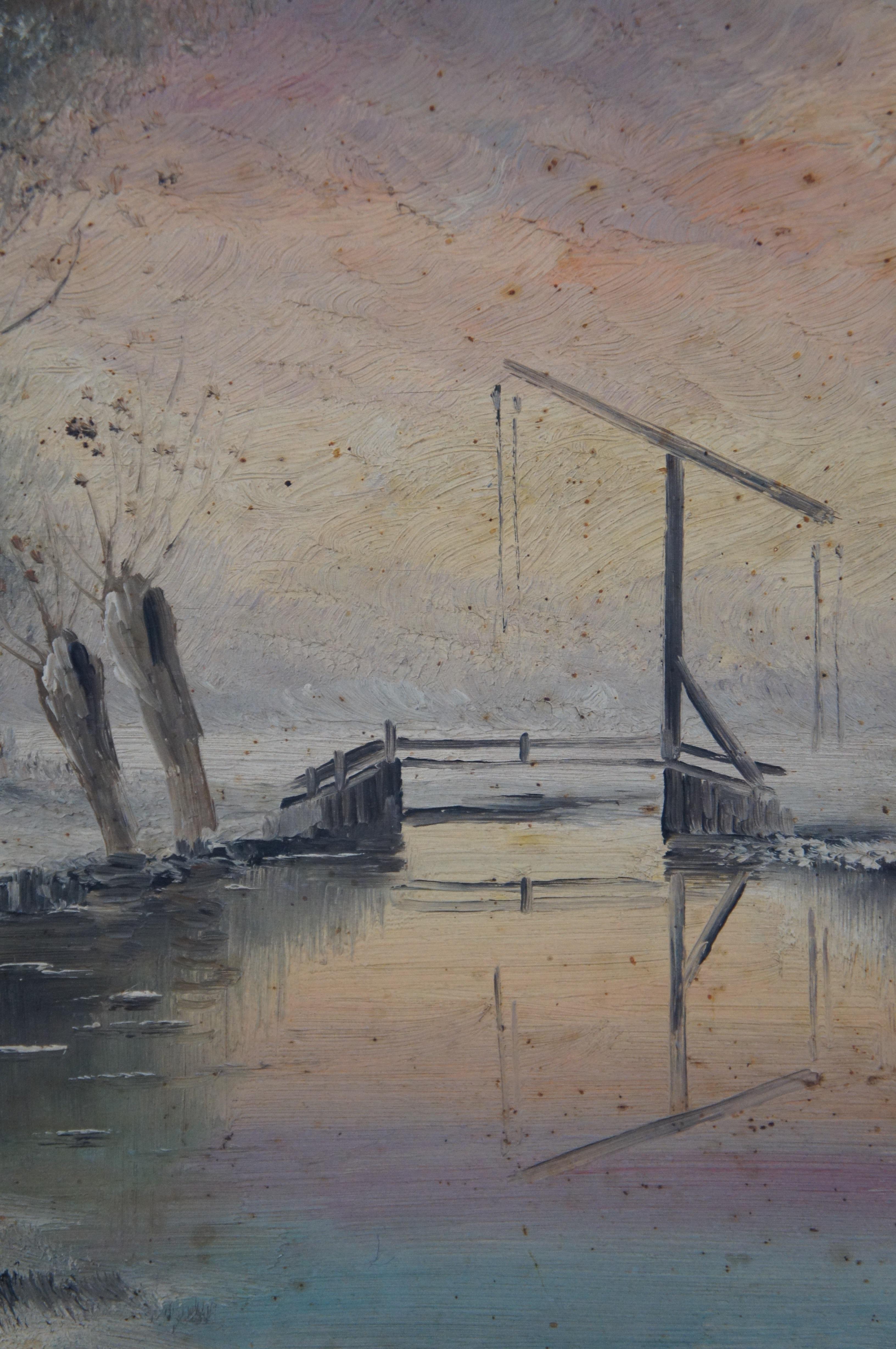 Vintage L Brugman Winter River Landscape Oil Painting on Board 29
