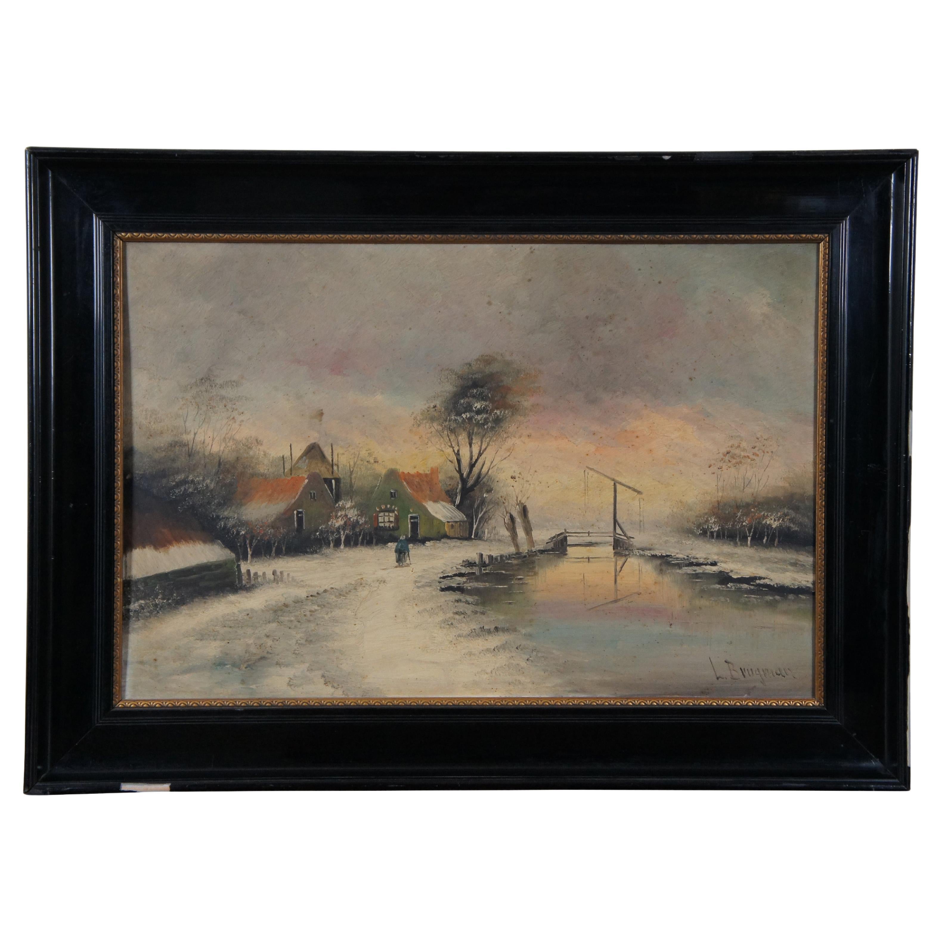 Vintage L Brugman Winter River Landscape Oil Painting on Board 29" For Sale