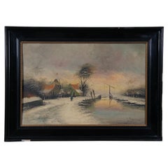 Vintage L Brugman, paysage fluvial d'hiver, peinture à l'huile sur panneau 29"