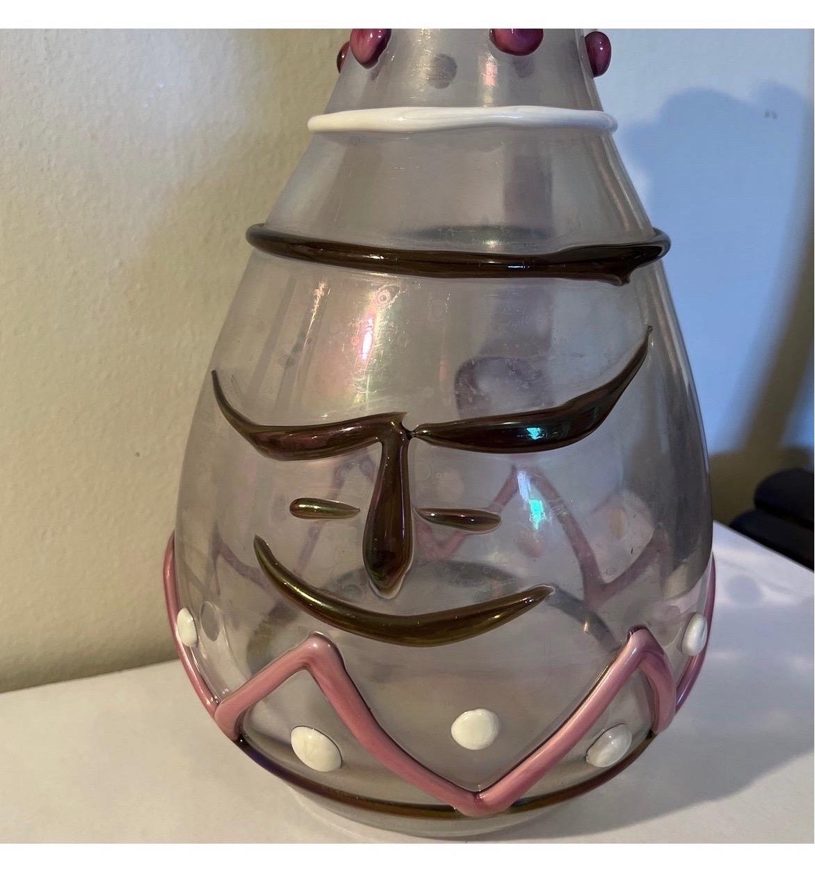 L. de Rai signed murano art glass pitcher, very heavy and well made piece. Picasso style mask to front - strong handle and signed to bottom.