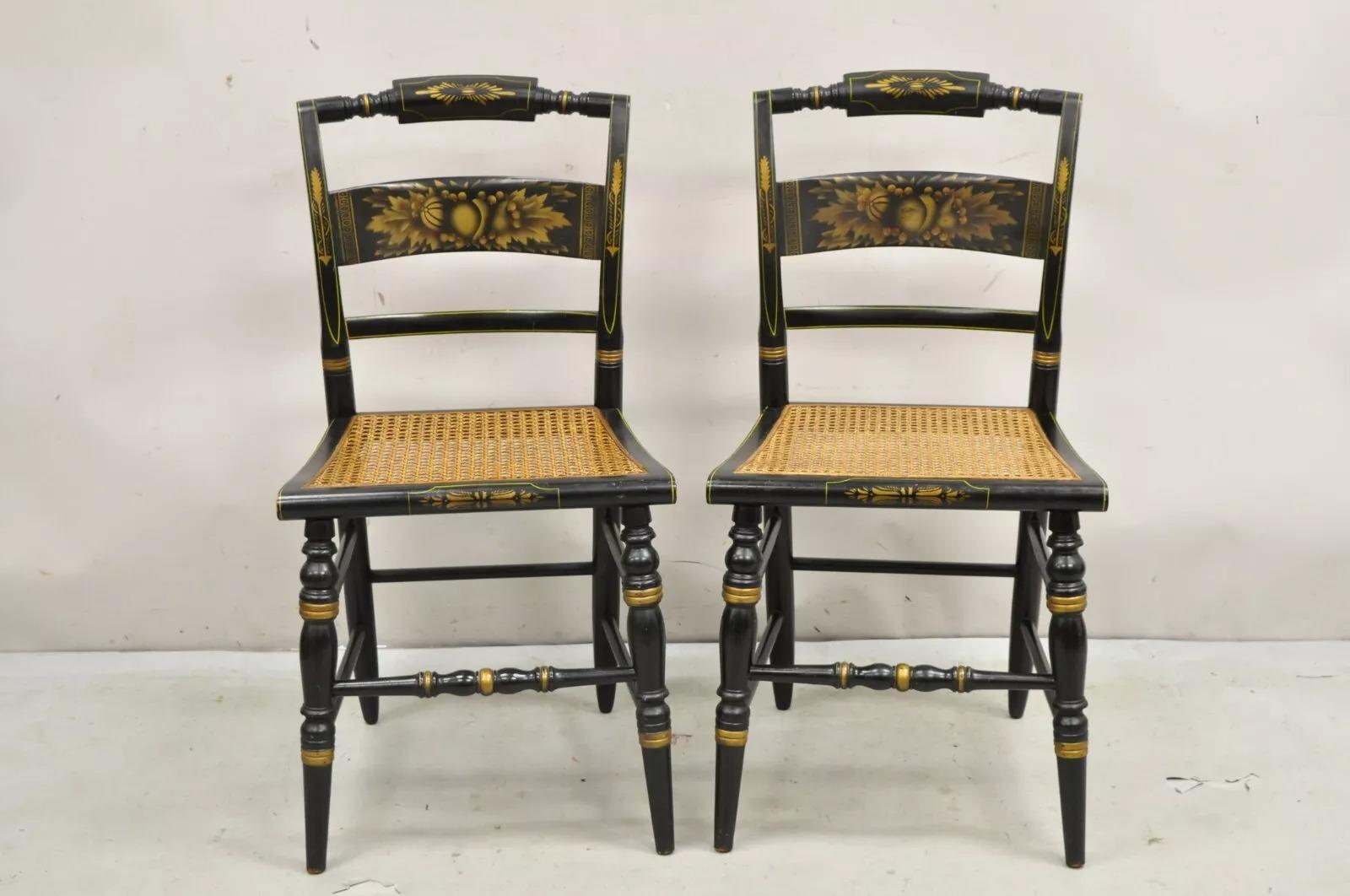Vintage L. Hitchcock Black Stencil Harvest Decorated Cane Side Chair - a Pair. Circa Mid 20th Century. Measurements: 34