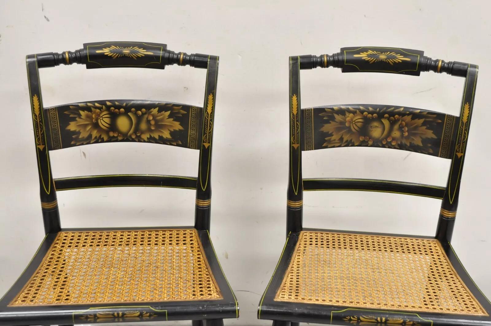 Other Vintage L. Hitchcock Black Stencil Harvest Decorated Cane Side Chair - a Pair For Sale