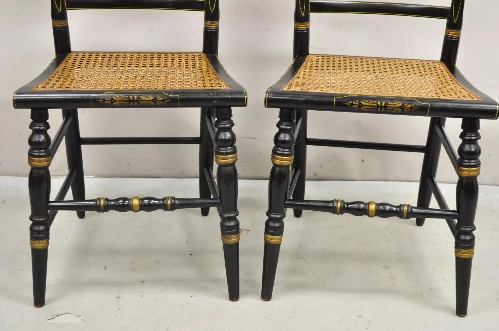 Unknown Vintage L. Hitchcock Black Stencil Harvest Decorated Cane Side Chair - a Pair For Sale