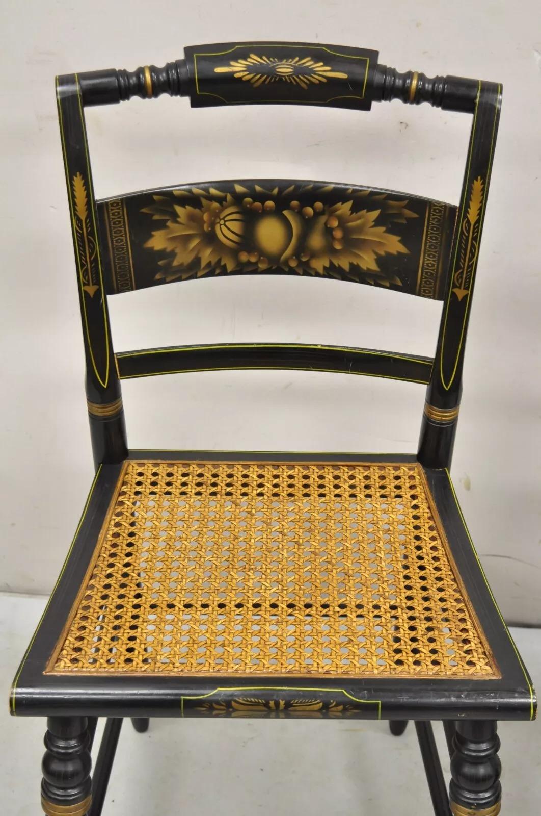 Vintage L. Hitchcock Black Stencil Harvest Decorated Cane Side Chair - a Pair In Good Condition For Sale In Philadelphia, PA