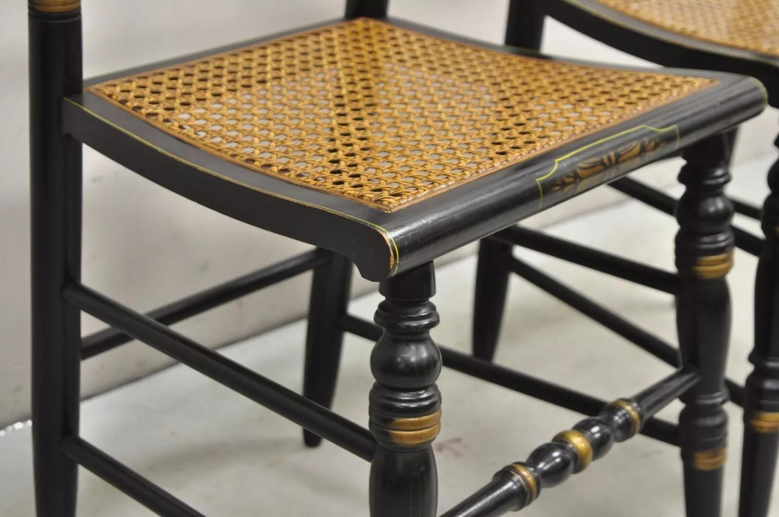 Maple Vintage L. Hitchcock Black Stencil Harvest Decorated Cane Side Chair - a Pair For Sale