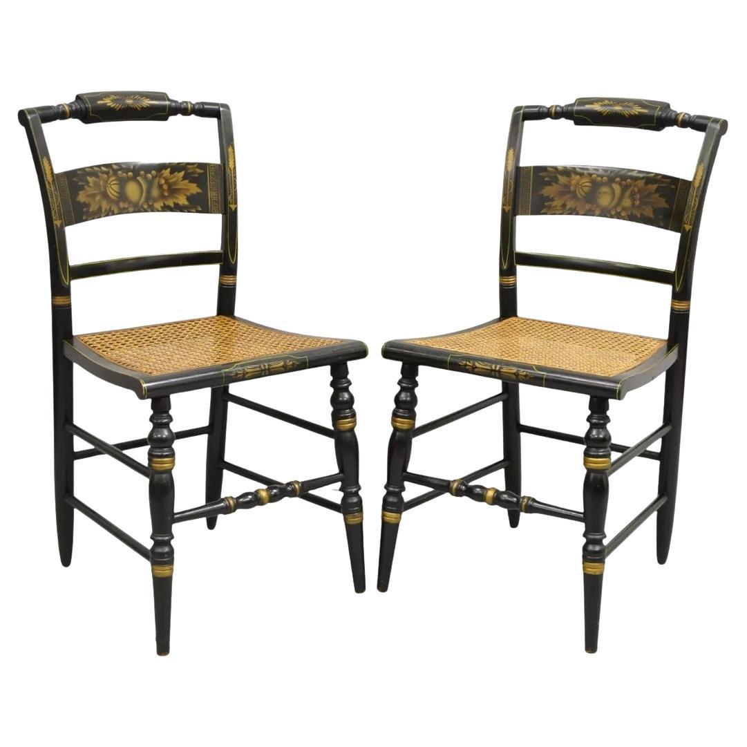 Vintage L. Hitchcock Black Stencil Harvest Decorated Cane Side Chair - a Pair