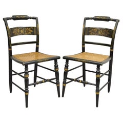 Vintage L. Hitchcock Black Stencil Harvest Decorated Cane Side Chair - a Pair