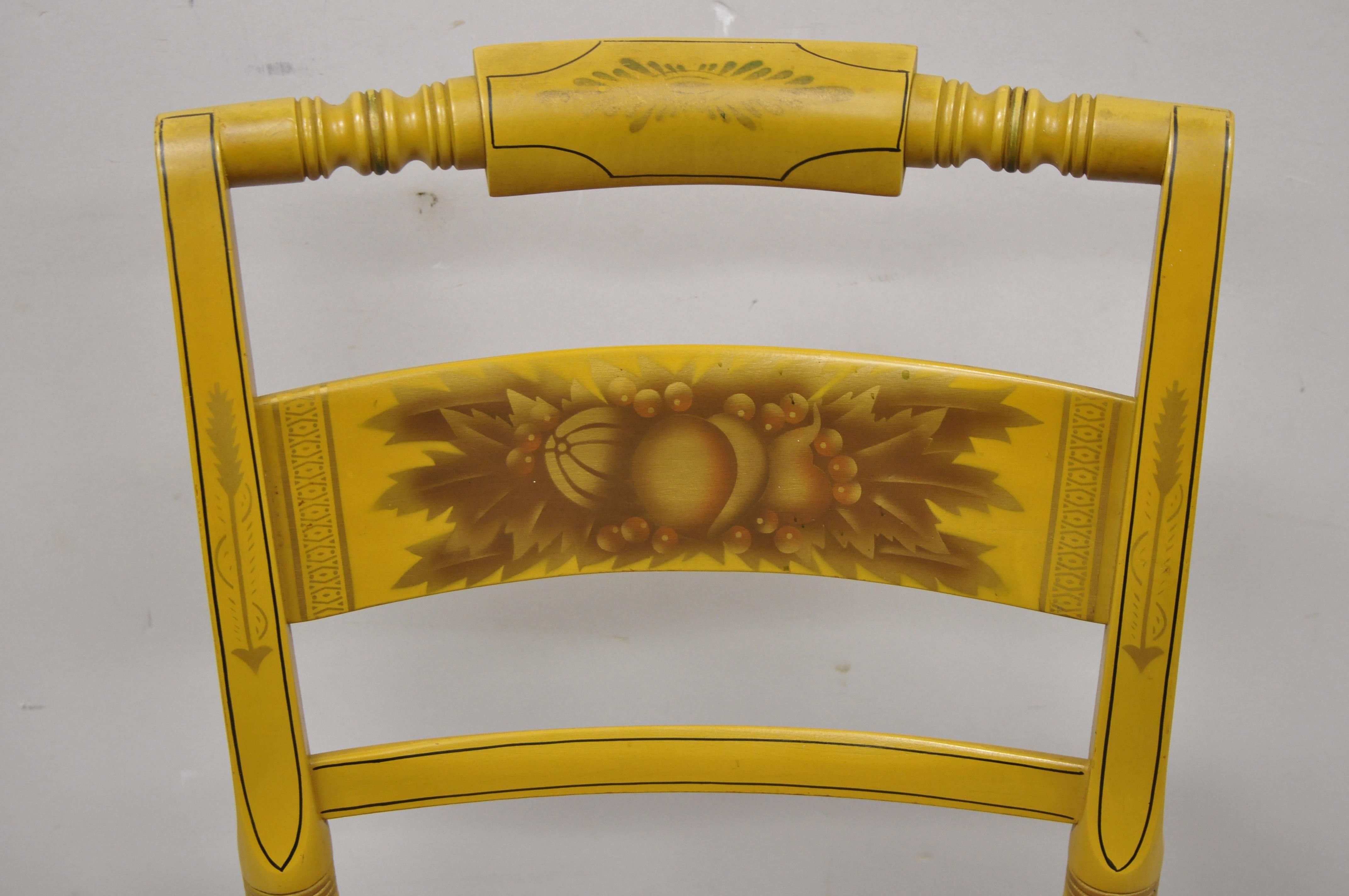 American Colonial Vintage L. Hitchcock Yellow Painted Stenciled Rush Seat Dining Side Chair