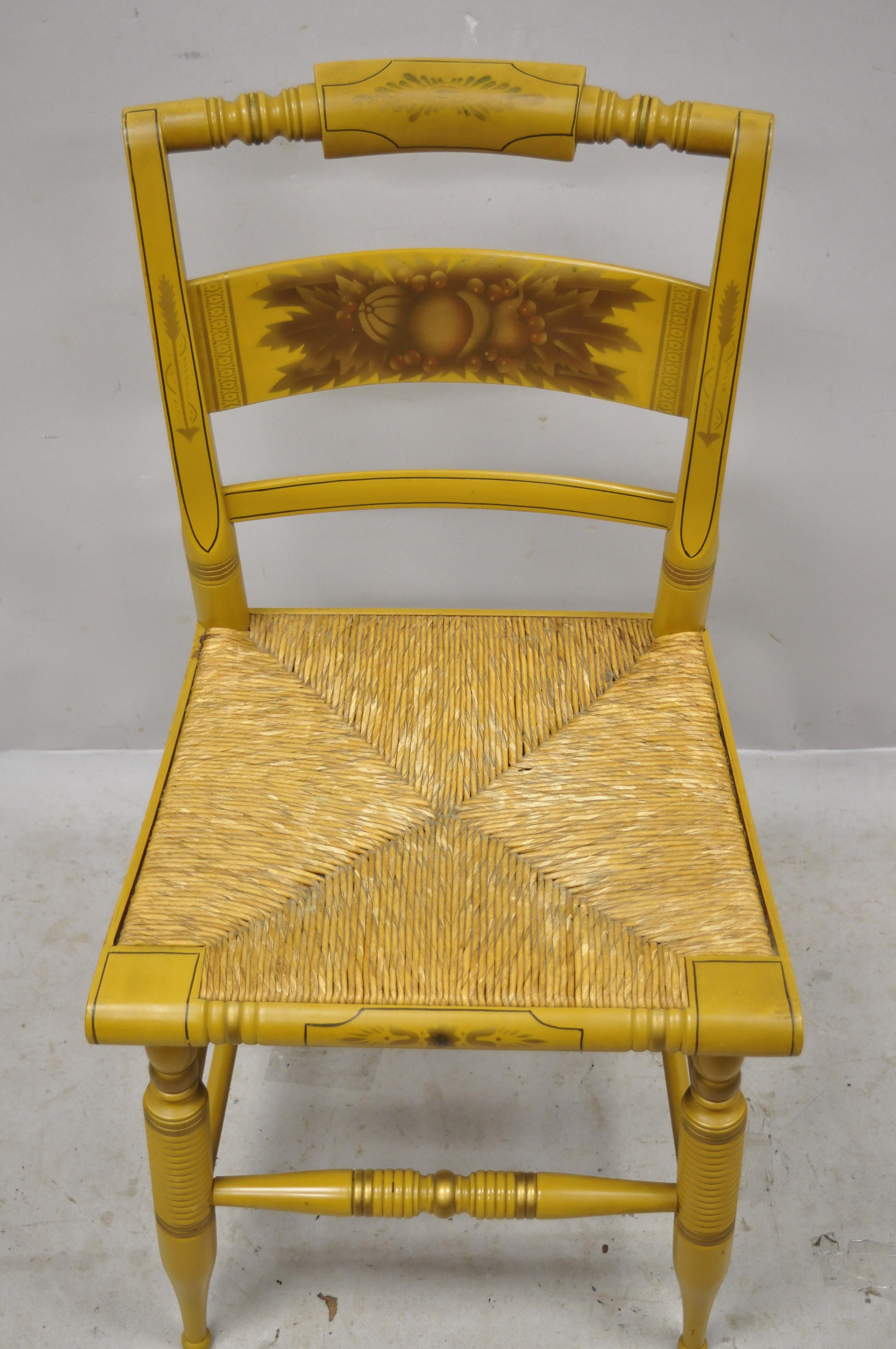 Vintage L. Hitchcock Yellow Painted Stenciled Rush Seat Dining Side Chair In Good Condition In Philadelphia, PA