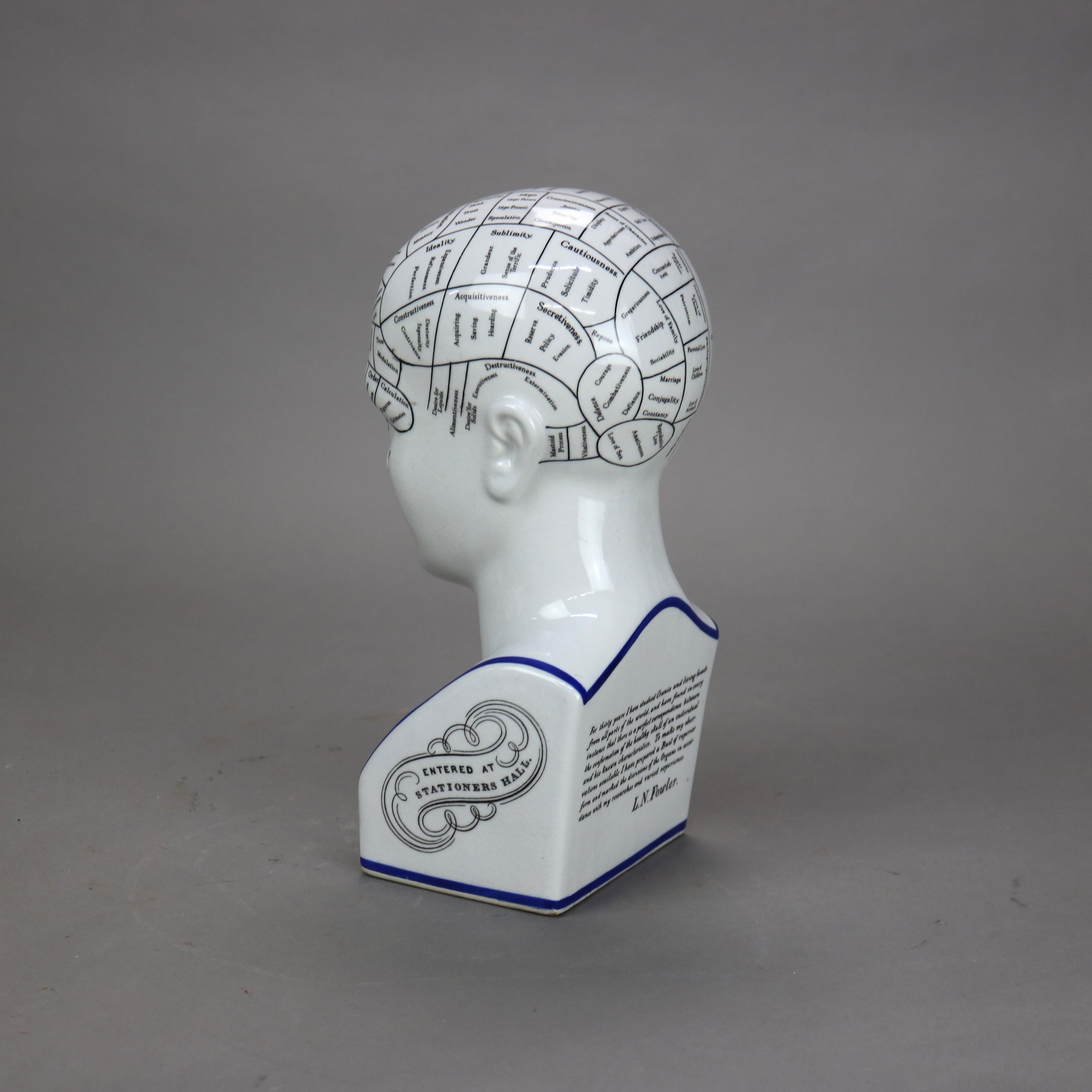 20th Century Vintage L. N. Fowler Pottery Phrenology Head by Authentic Models 20thC