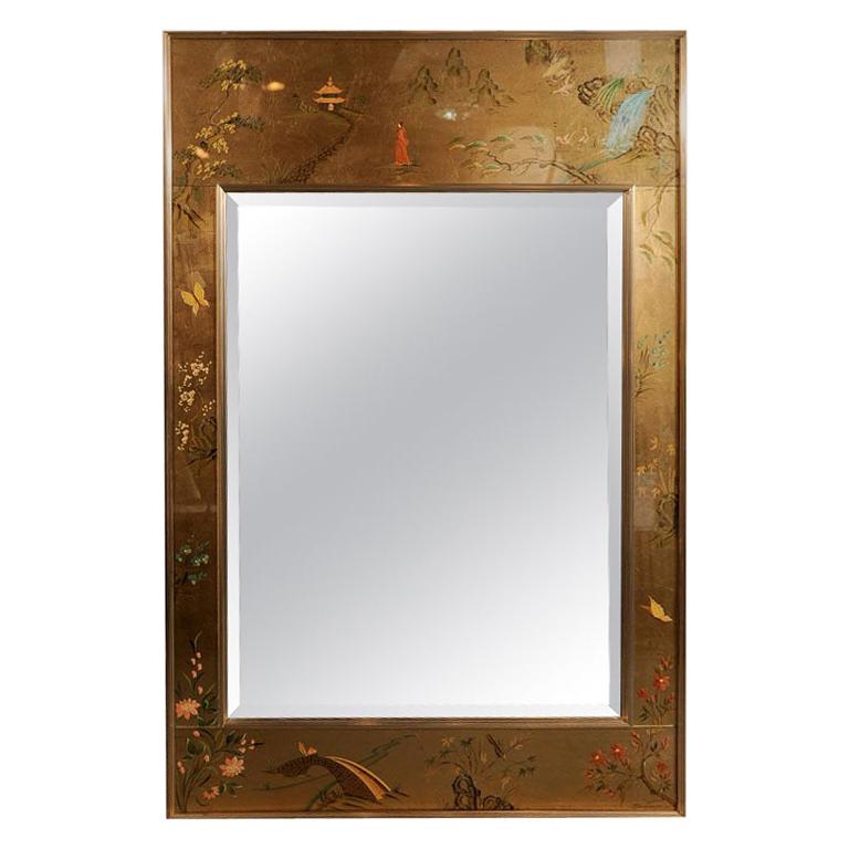 Vintage La Barge Chinoiserie Reverse Painted Gold Leaf Mirror