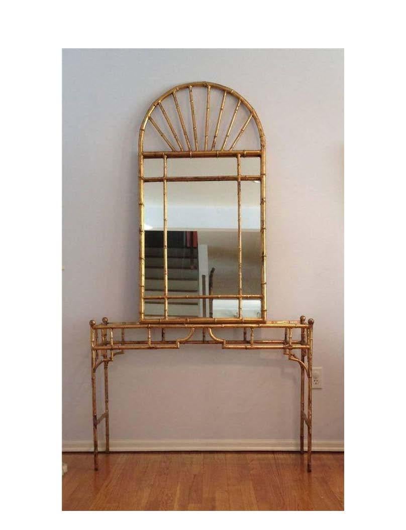 Vintage La Barge Hollywood Regency Gilt Faux Bamboo Mirror and Console Set 1