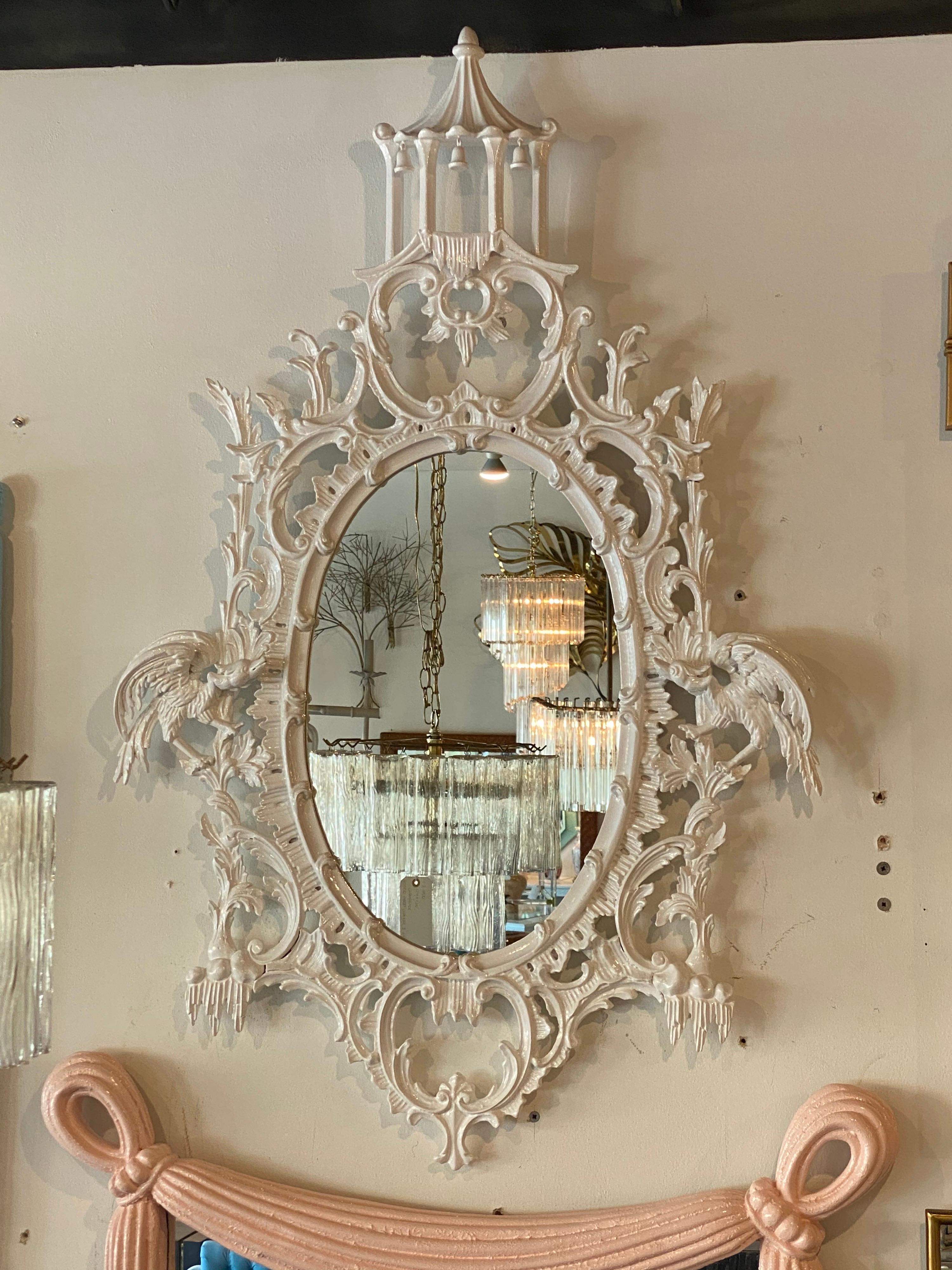 Lovely vintage wood La Barge (marked on the back of the mirror) wall mirror with amazing carved bells and birds, pagoda top. Newly lacquered white. Comes ready to hang on your wall.