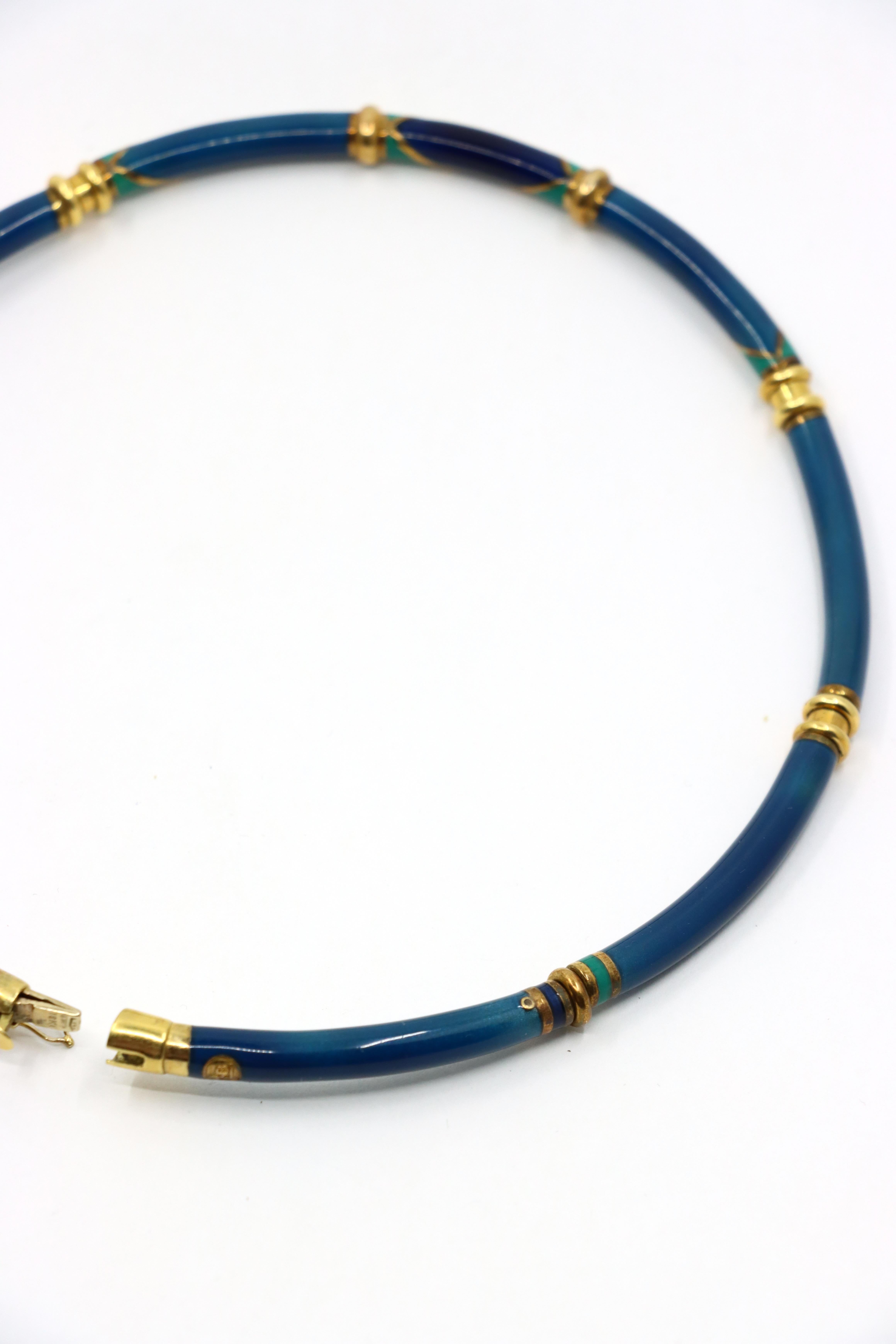 Collar Vintage La Nouvelle Bague Oro 18K Turquesa Esmalte Azul Marino en venta 6