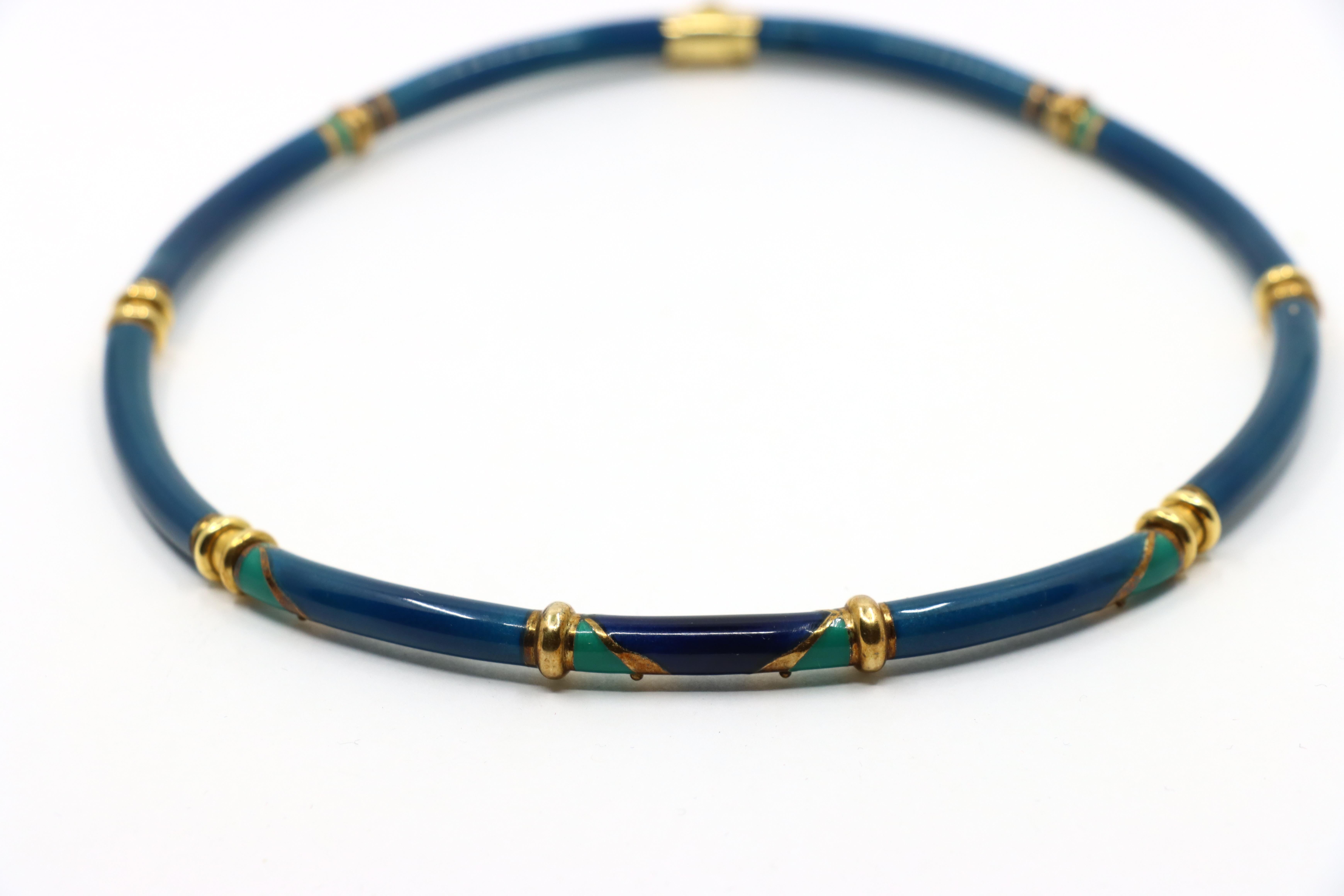 Collar Vintage La Nouvelle Bague Oro 18K Turquesa Esmalte Azul Marino en venta 3