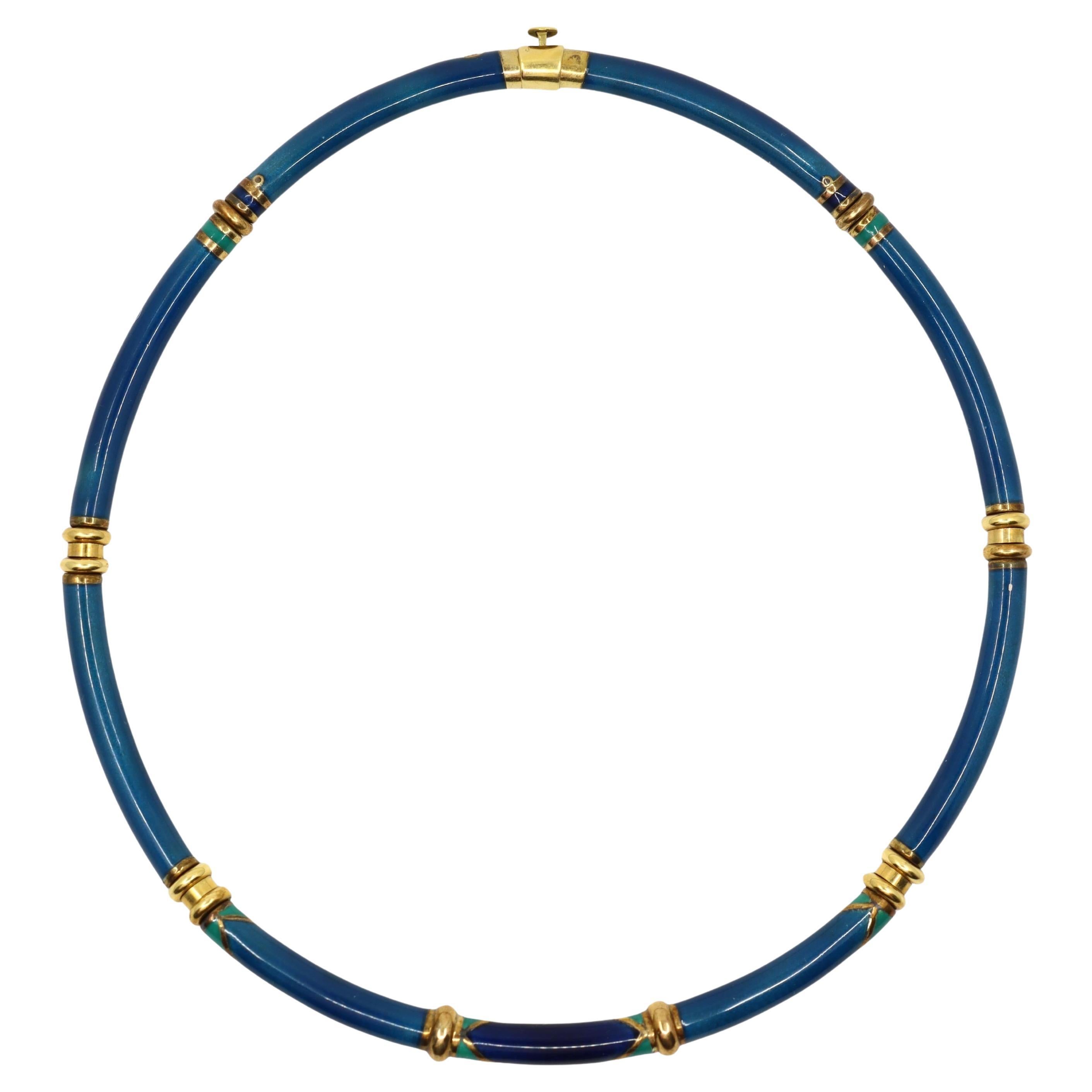 Collar Vintage La Nouvelle Bague Oro 18K Turquesa Esmalte Azul Marino en venta